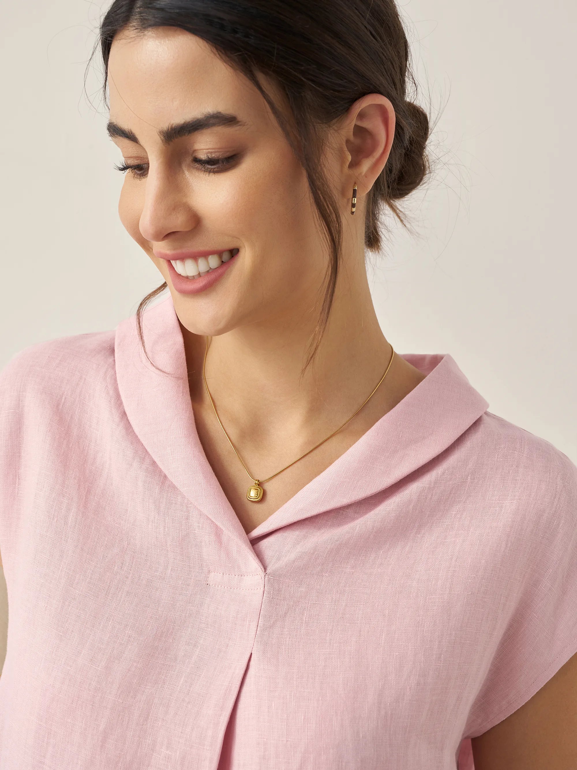 100% Linen Shawl V-Neck Cap Sleeves Top ELARA - TOPS-Linen Blouses