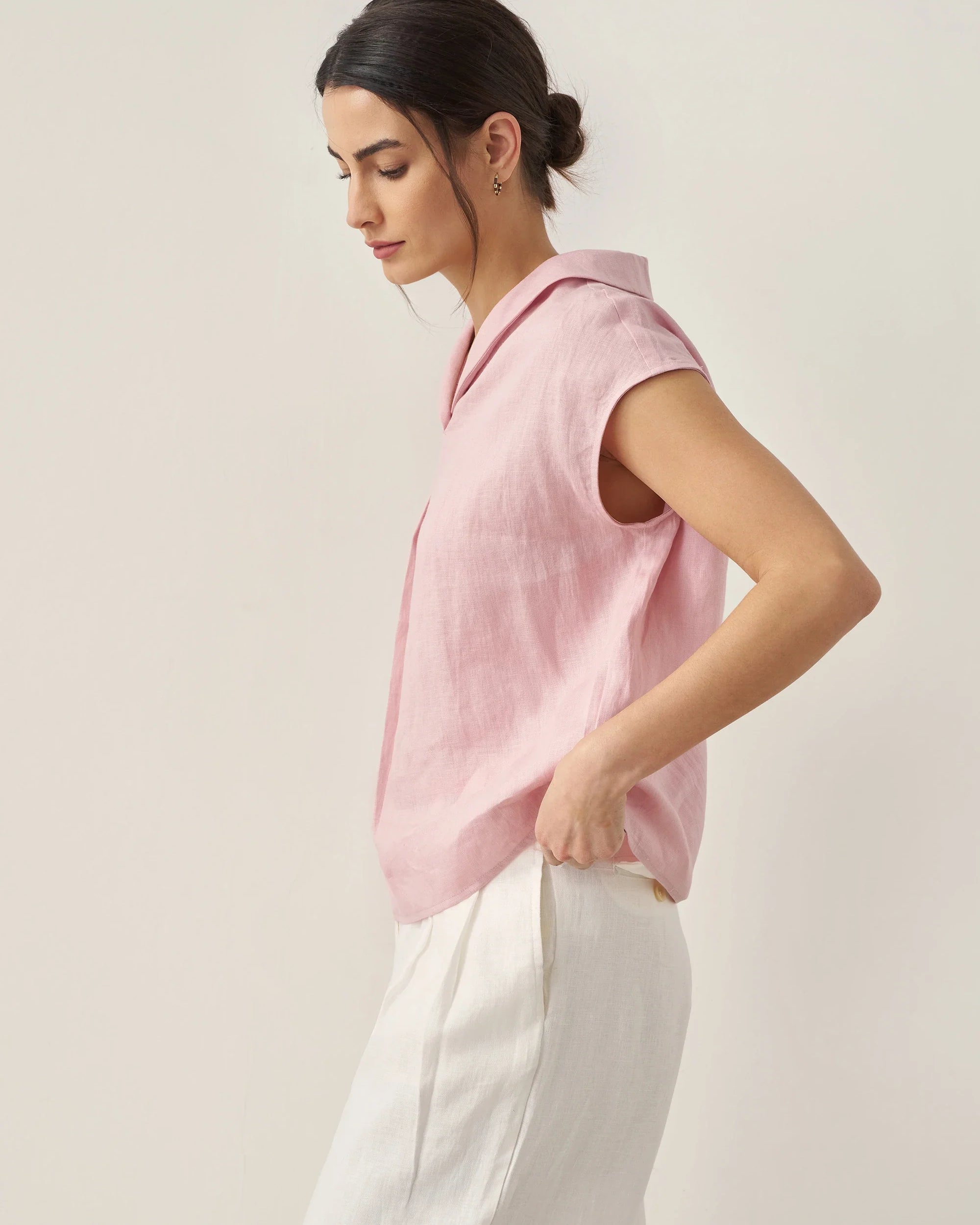 100% Linen Shawl V-Neck Cap Sleeves Top ELARA - TOPS-Linen Blouses