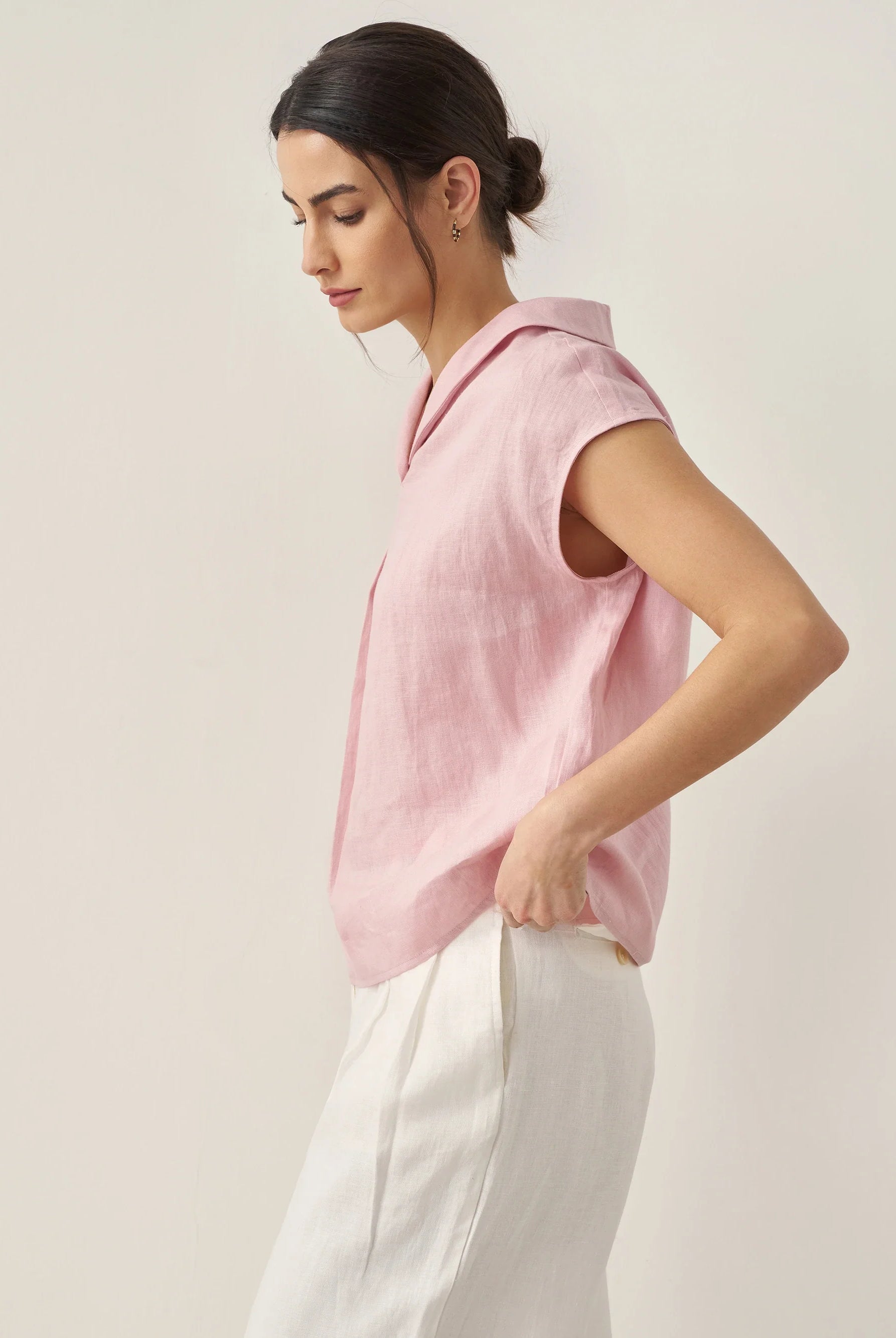 100% Linen Shawl V-Neck Cap Sleeves Top ELARA - TOPS-Linen Blouses
