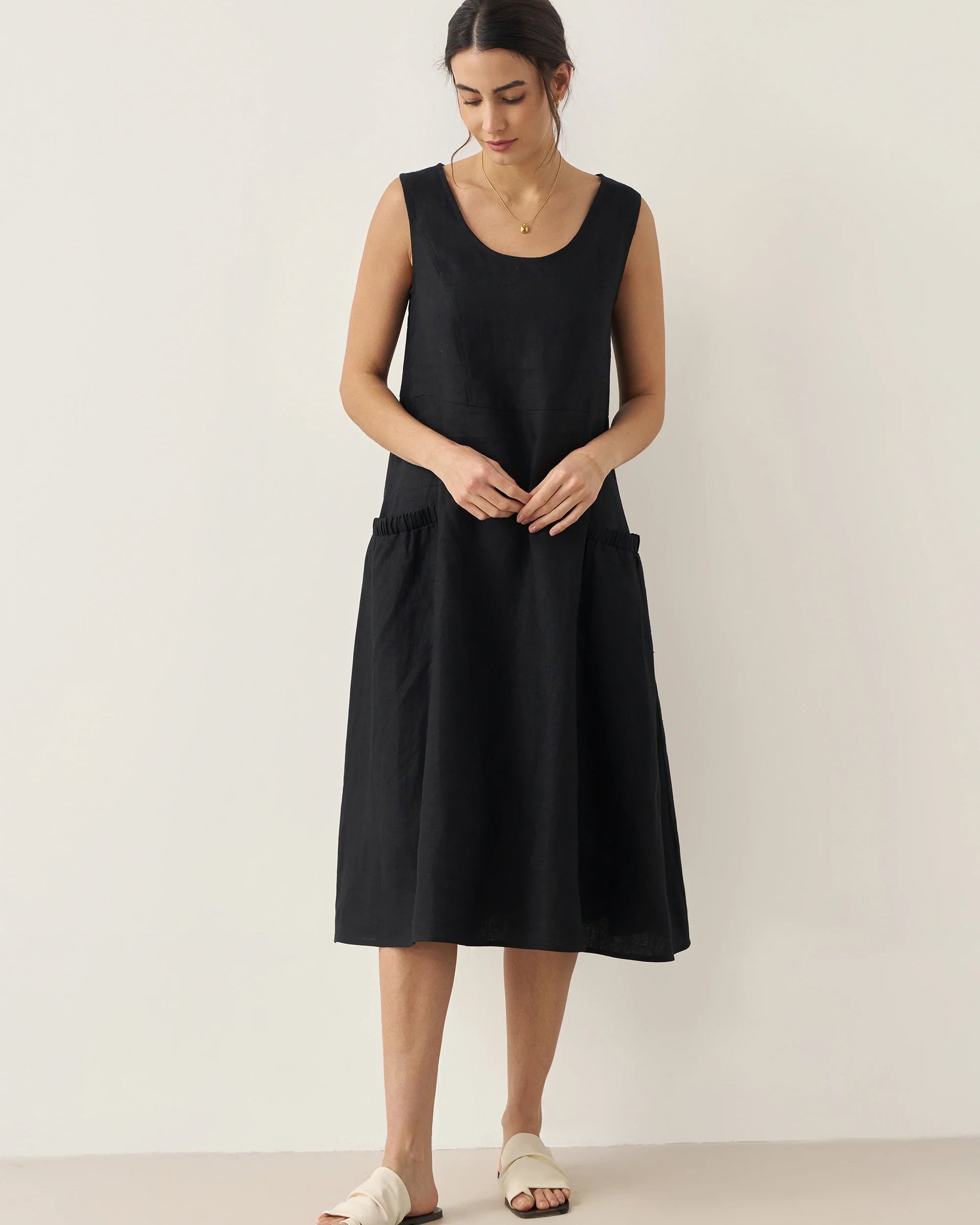 100% Linen Swing Beach Tank Dress GIANA - DRESSES-Linen Midi