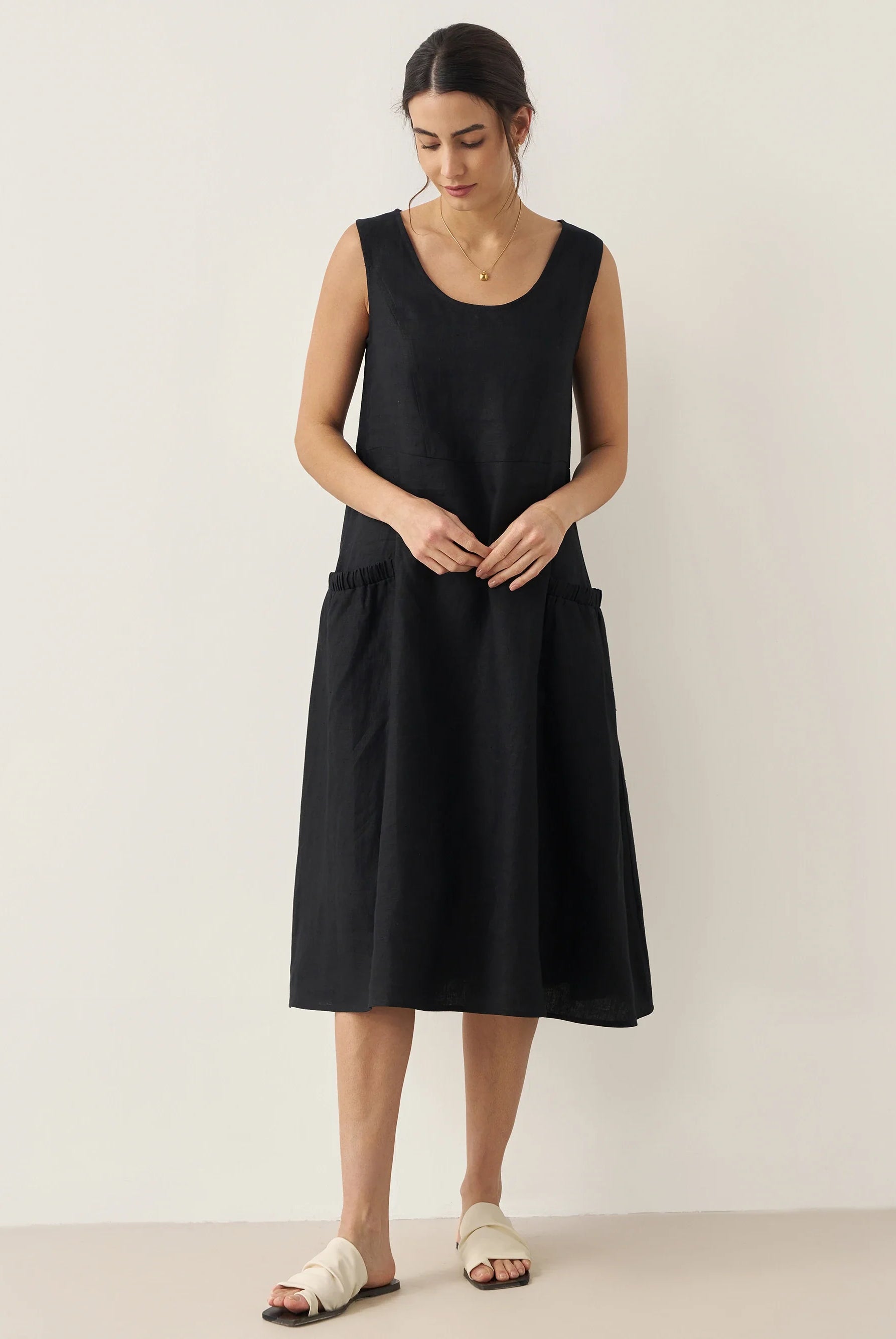 100% Linen Swing Beach Tank Dress GIANA - DRESSES-Linen Midi