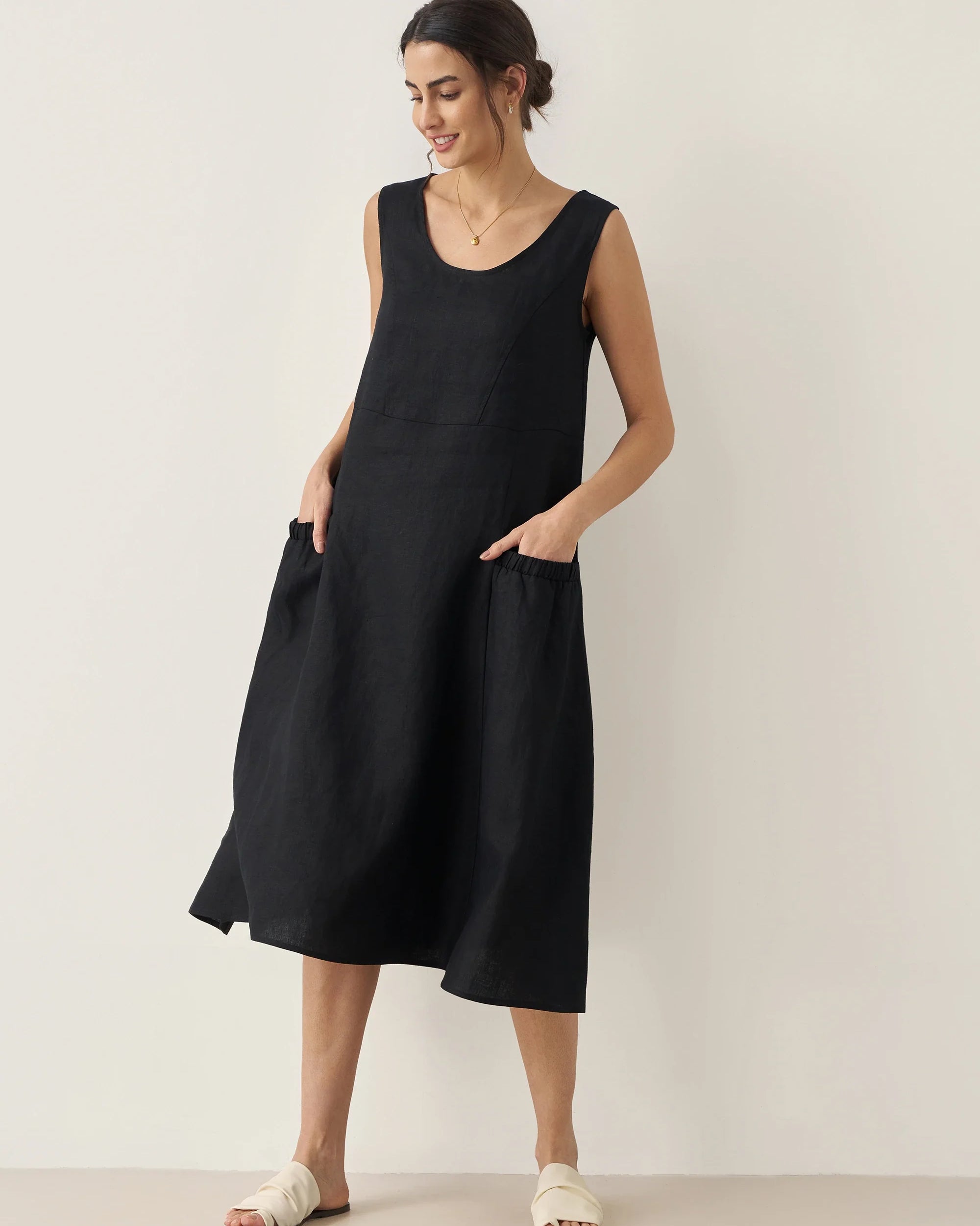 100% Linen Swing Beach Tank Dress GIANA - DRESSES-Linen Midi