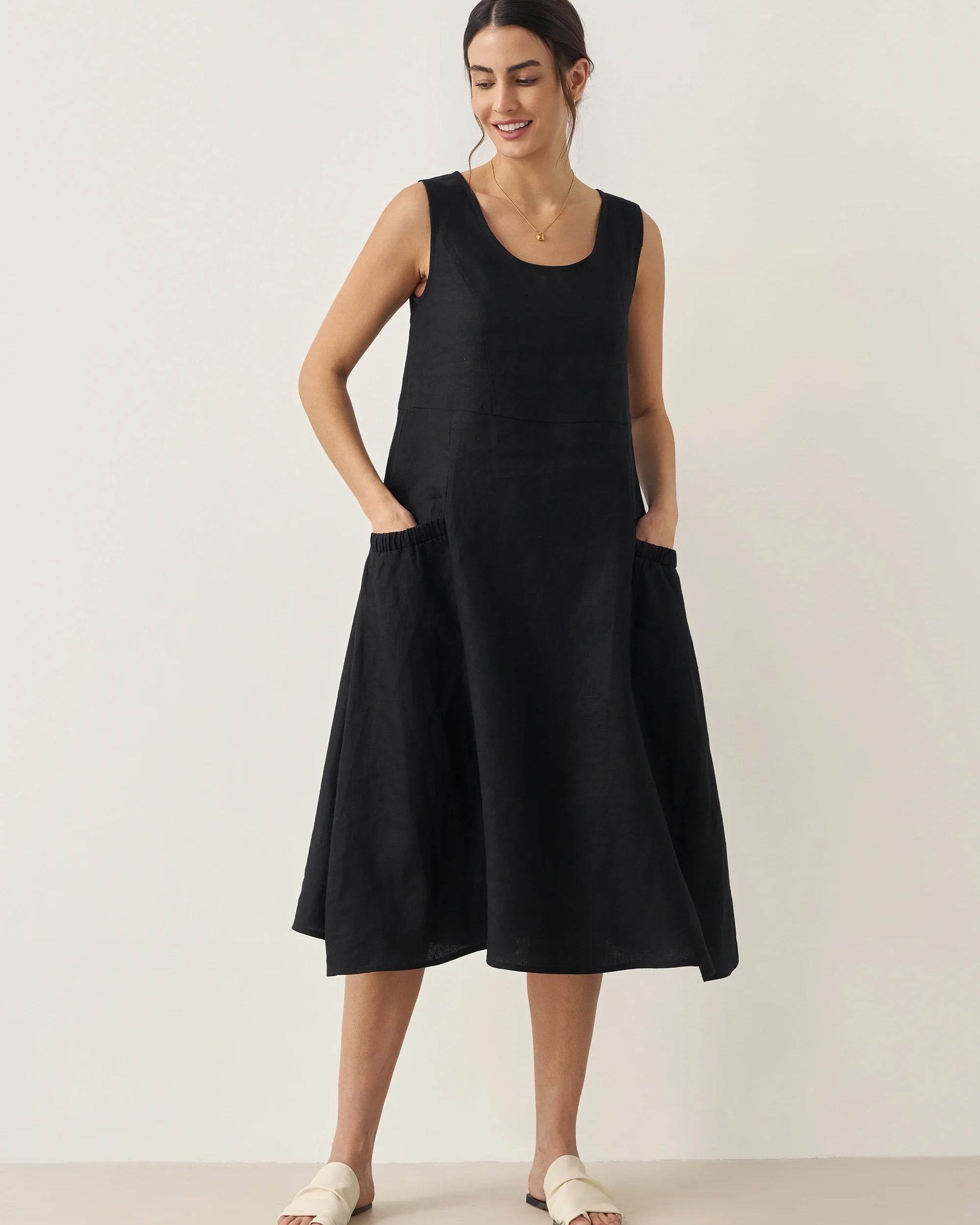 100% Linen Swing Beach Tank Dress GIANA - DRESSES-Linen Midi