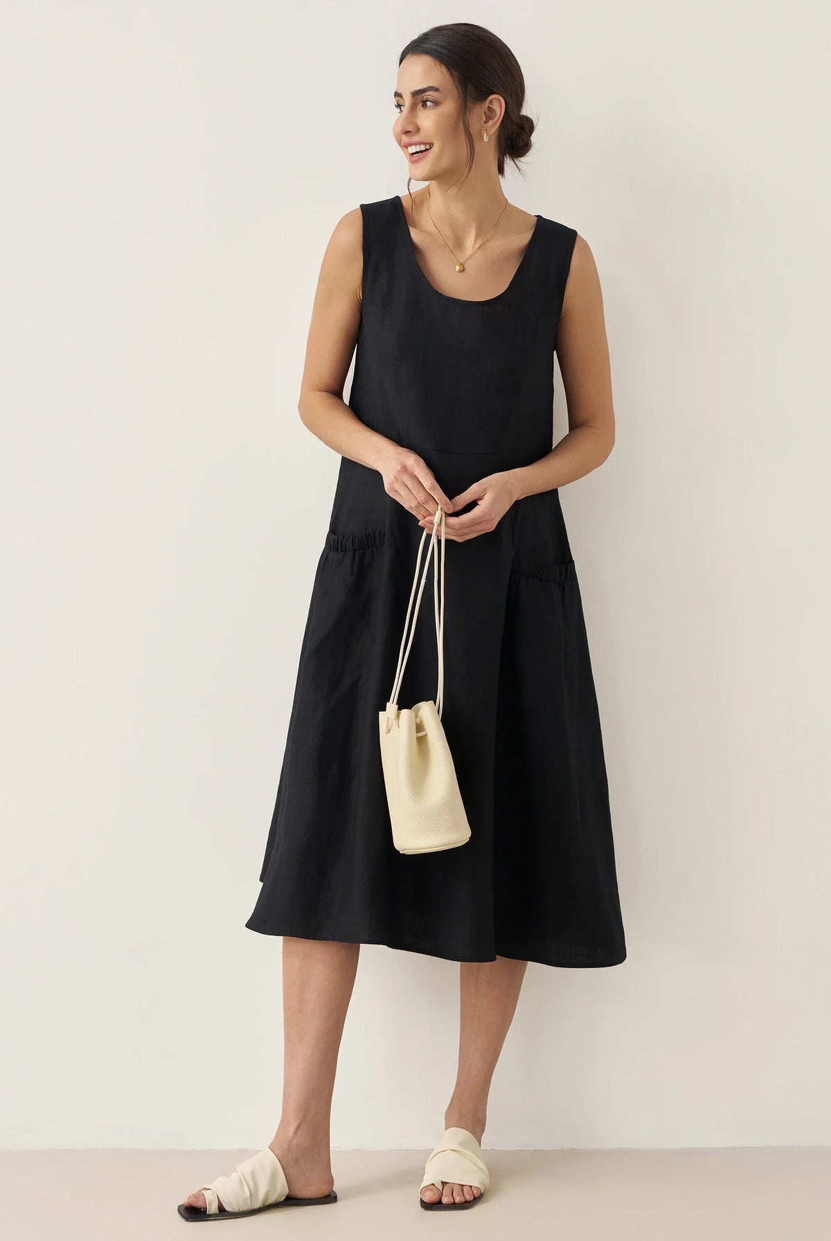 100% Linen Swing Beach Tank Dress GIANA - Charcoal Black / XS - DRESSES-Linen Midi