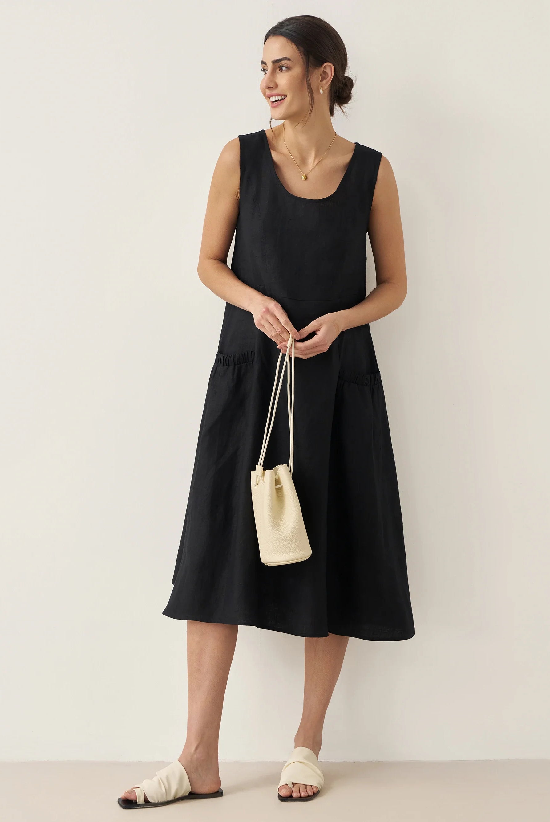 100% Linen Swing Beach Tank Dress GIANA - Charcoal Black / XS - DRESSES-Linen Midi