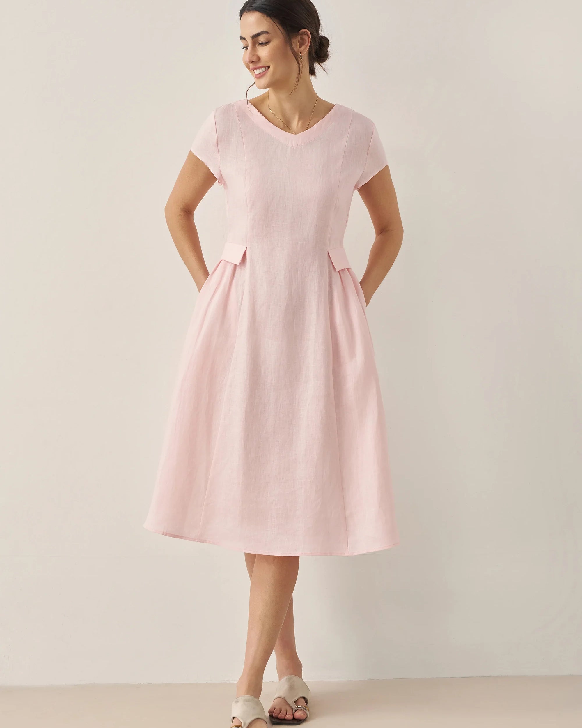 100% Linen Natural Summer V-Neck Dress - Dusty Rose / S - DRESSES-Linen Midi