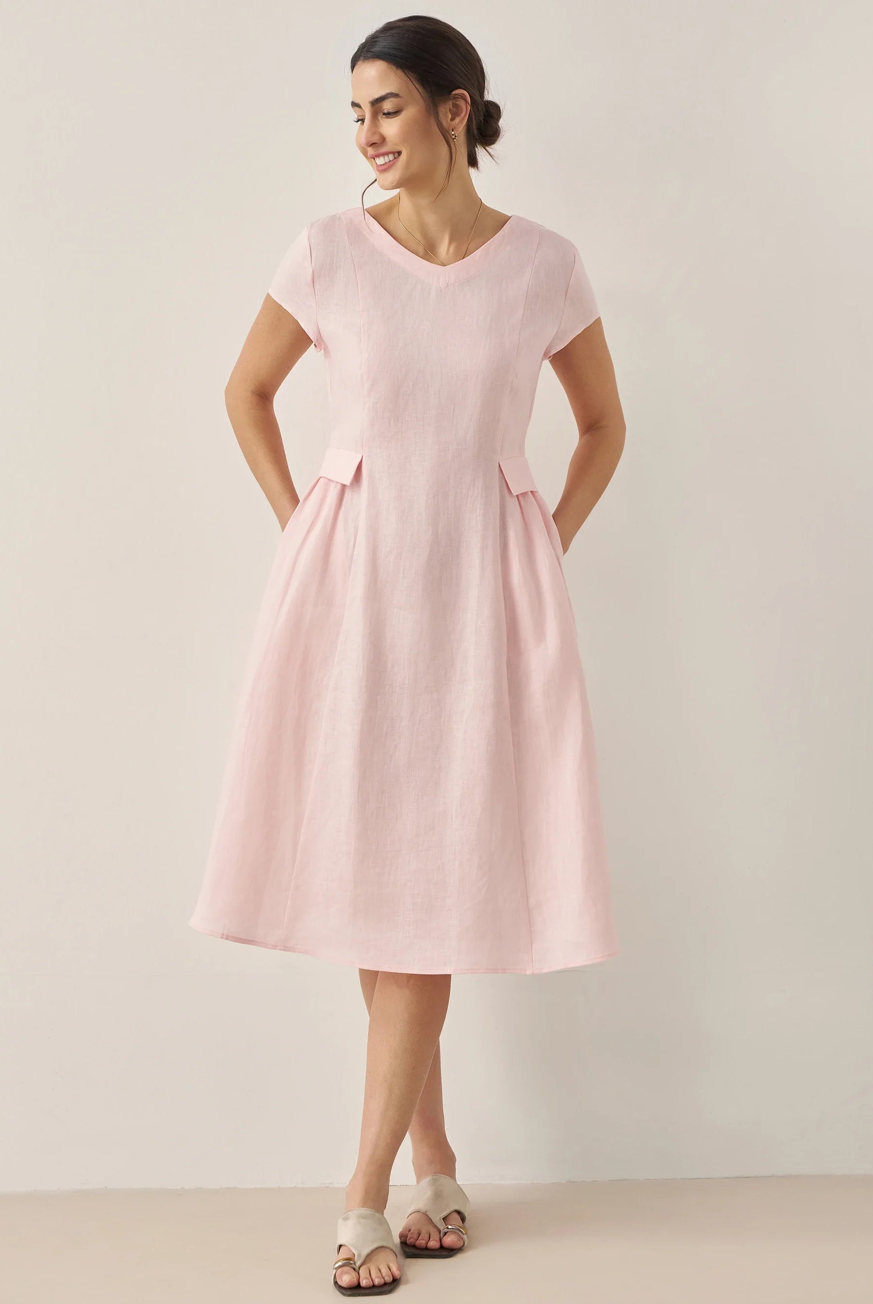 100% Linen Natural Summer V-Neck Dress - Dusty Rose / S - DRESSES-Linen Midi
