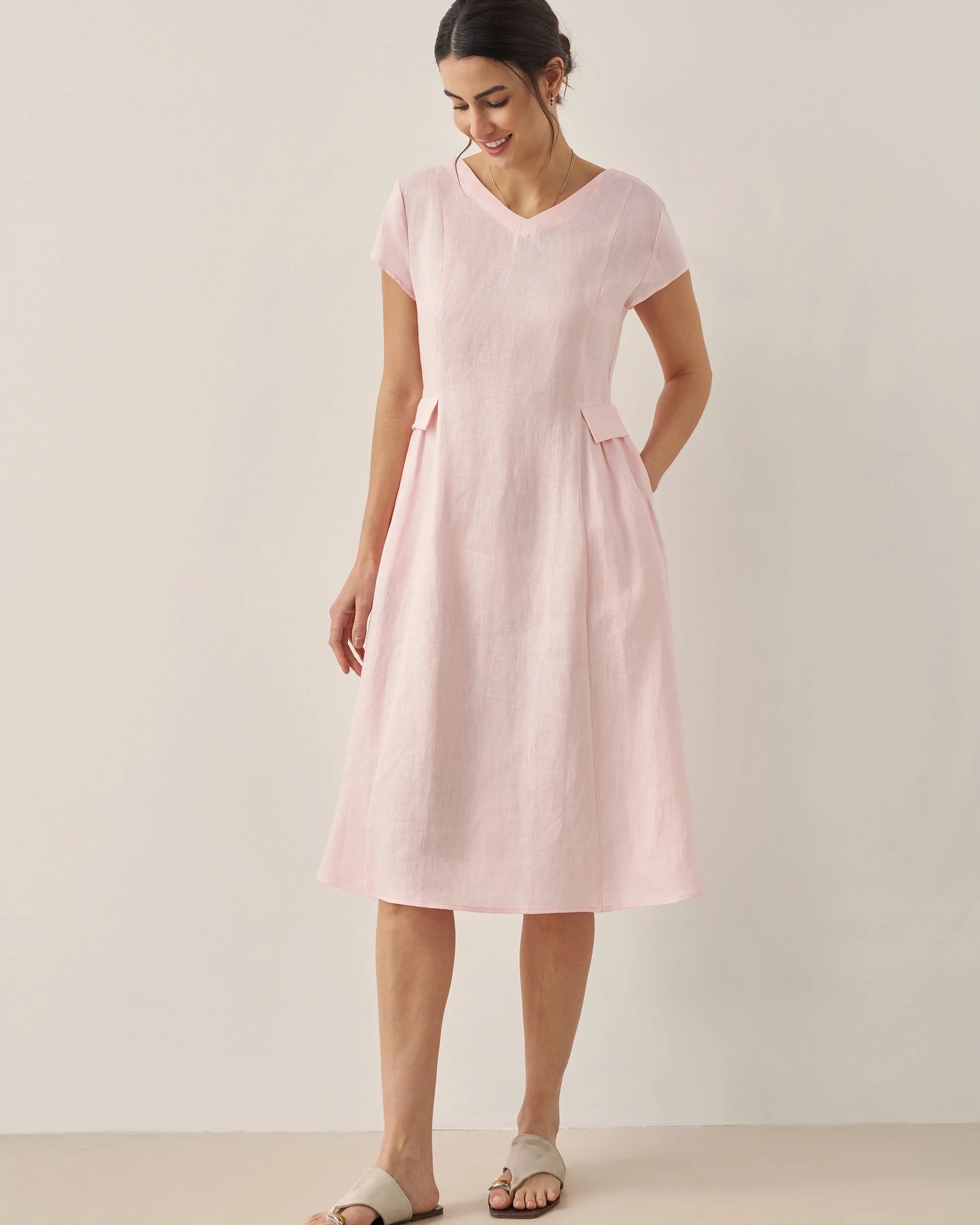 100% Linen Natural Summer V-Neck Dress - DRESSES-Linen Midi