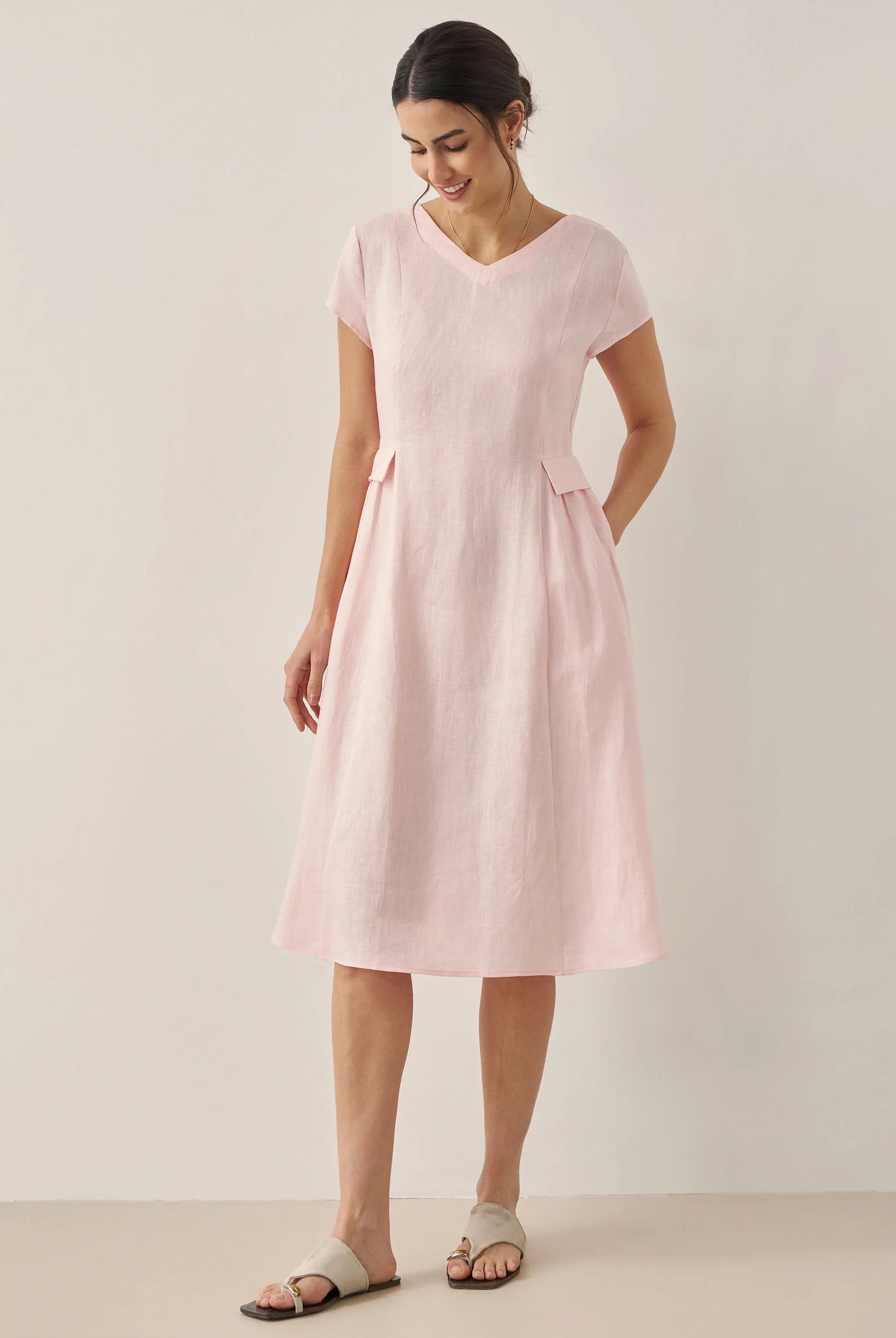 100% Linen Natural Summer V-Neck Dress - DRESSES-Linen Midi