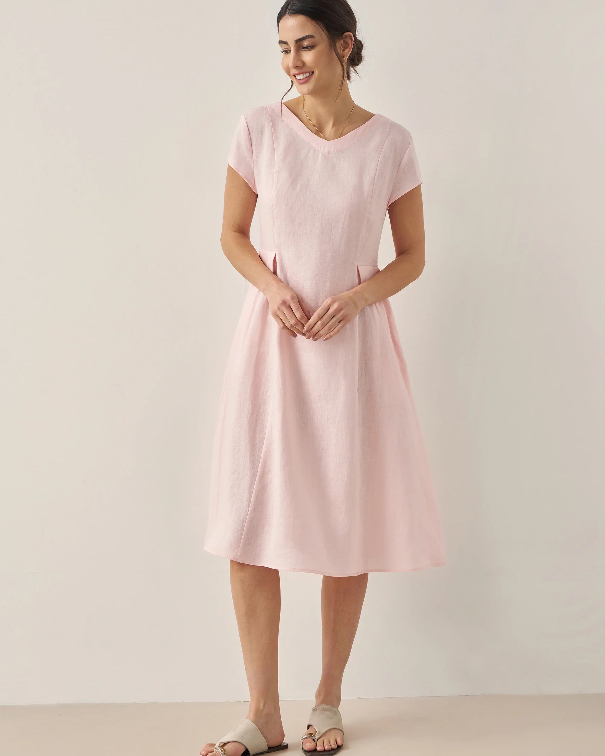 100% Linen Natural Summer V-Neck Dress - DRESSES-Linen Midi