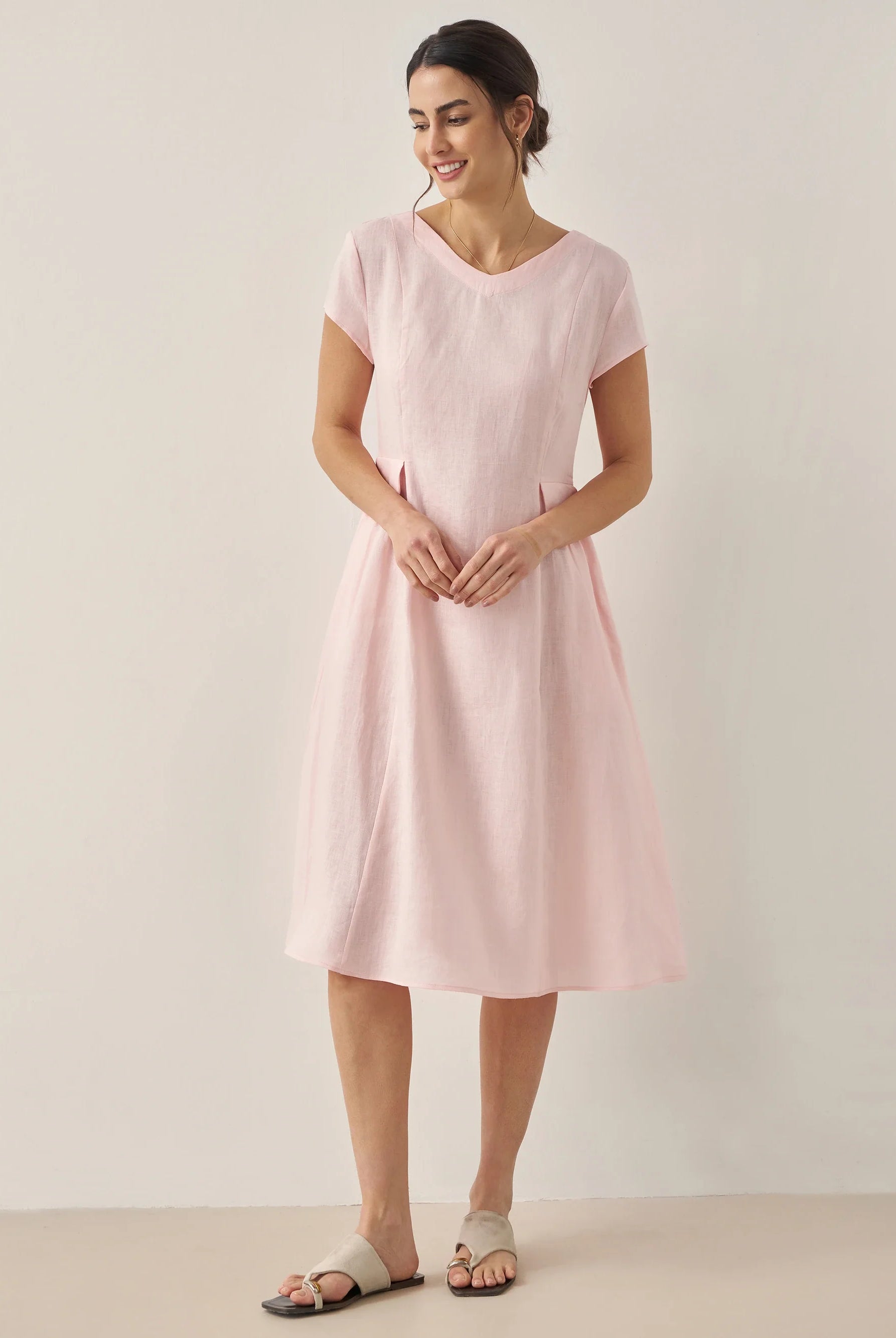 100% Linen Natural Summer V-Neck Dress - DRESSES-Linen Midi