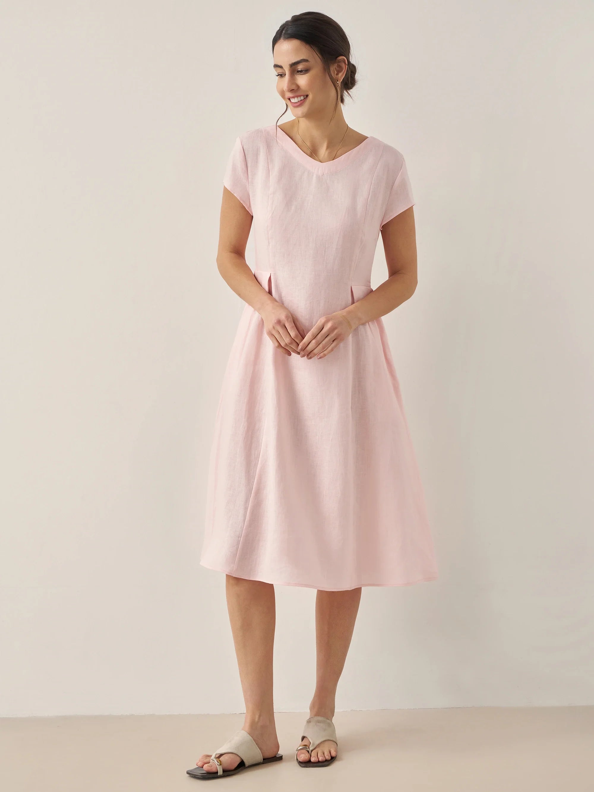 100% Linen Natural Summer V-Neck Dress - DRESSES-Linen Midi
