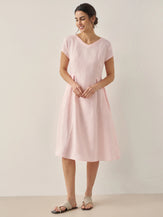 100% Linen Natural Summer V-Neck Dress - DRESSES-Linen Midi