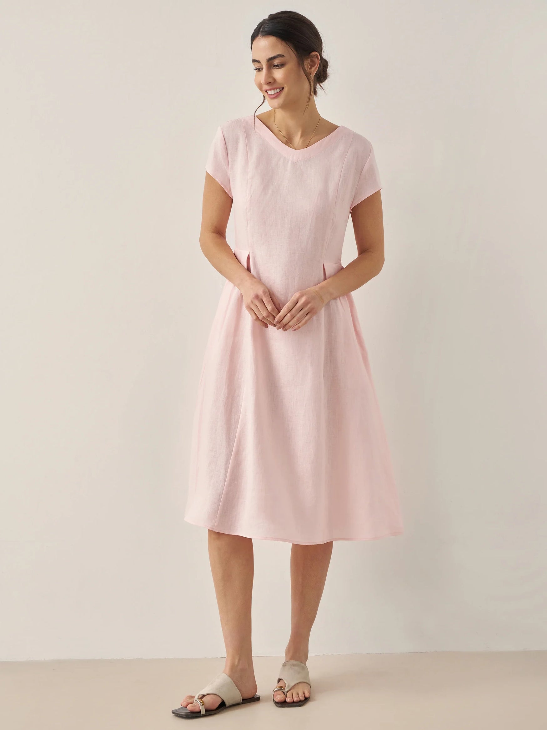 100% Linen Natural Summer V-Neck Dress - DRESSES-Linen Midi