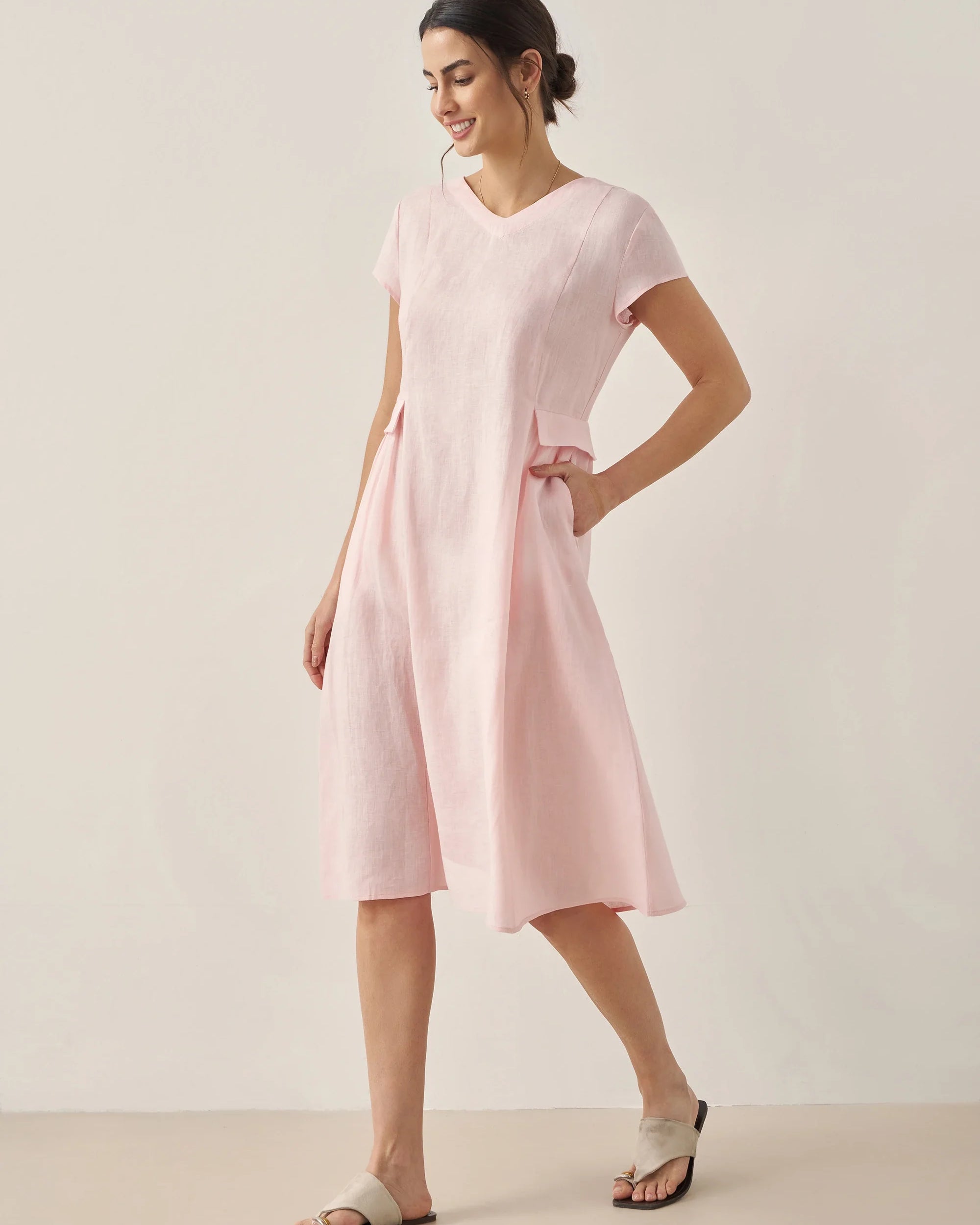 100% Linen Natural Summer V-Neck Dress - DRESSES-Linen Midi