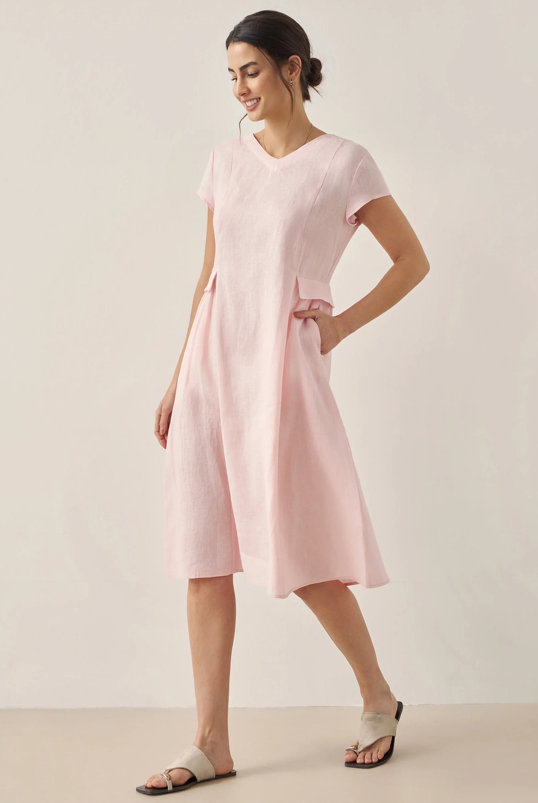 100% Linen Natural Summer V-Neck Dress - DRESSES-Linen Midi