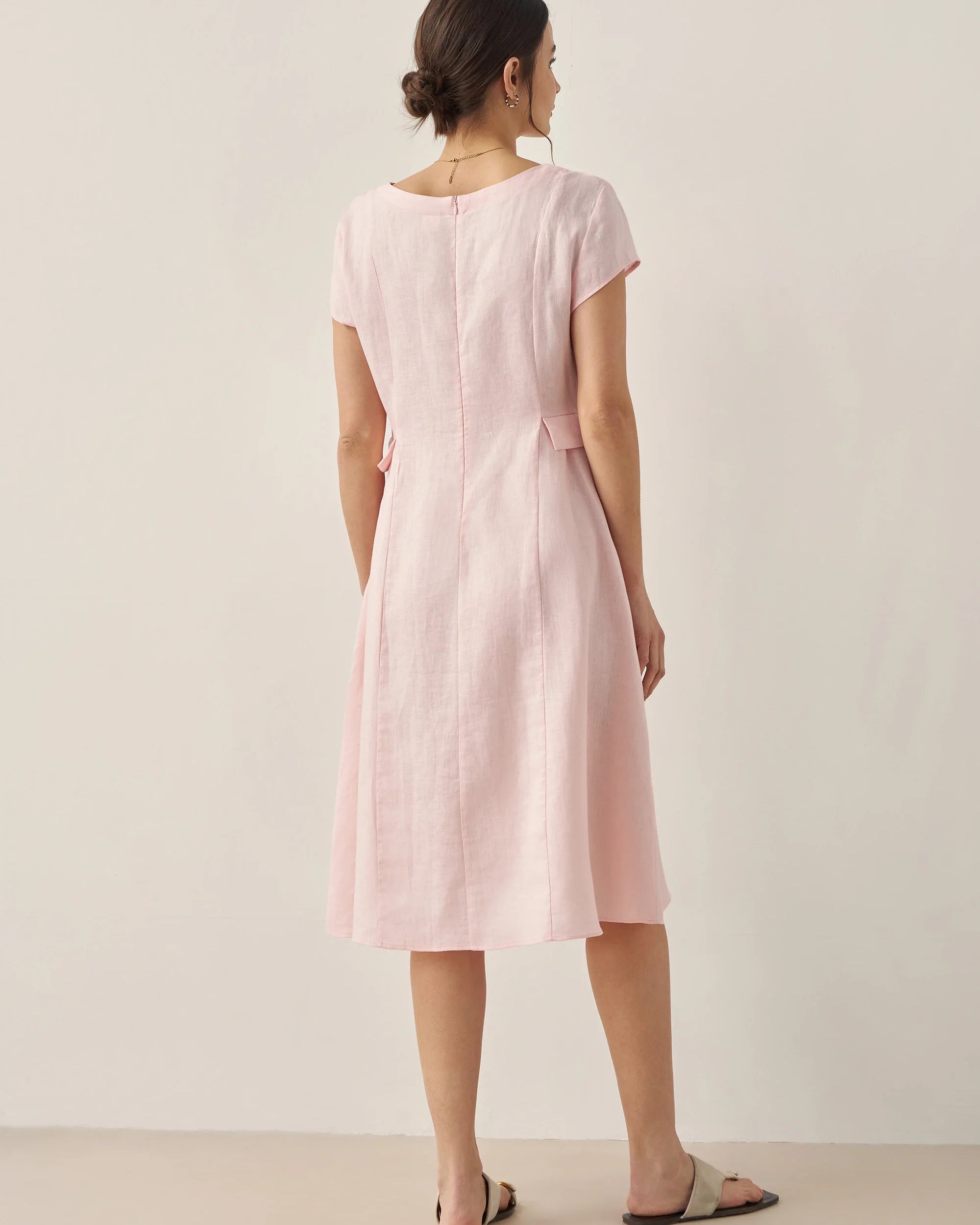 100% Linen Natural Summer V-Neck Dress - DRESSES-Linen Midi