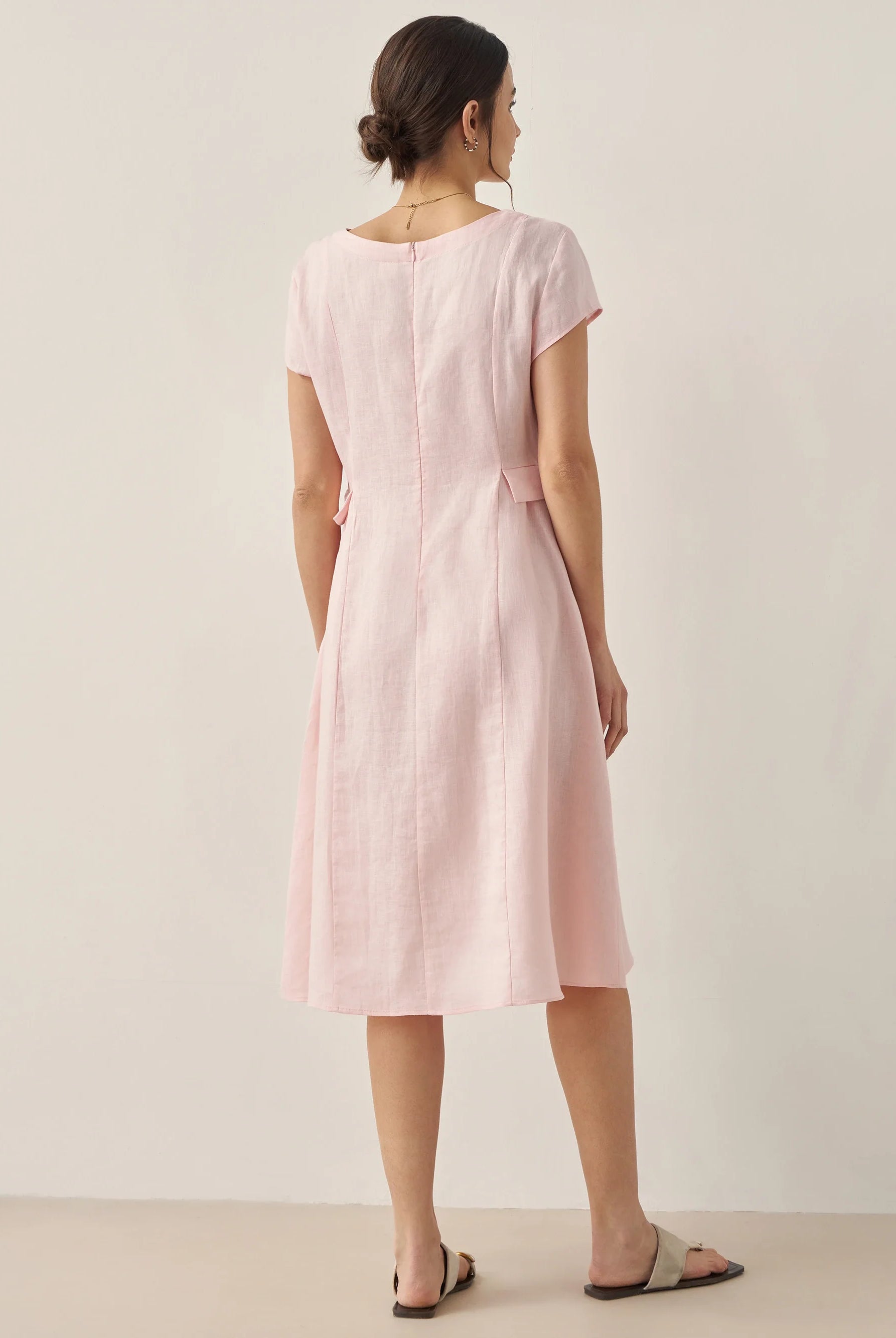 100% Linen Natural Summer V-Neck Dress - DRESSES-Linen Midi