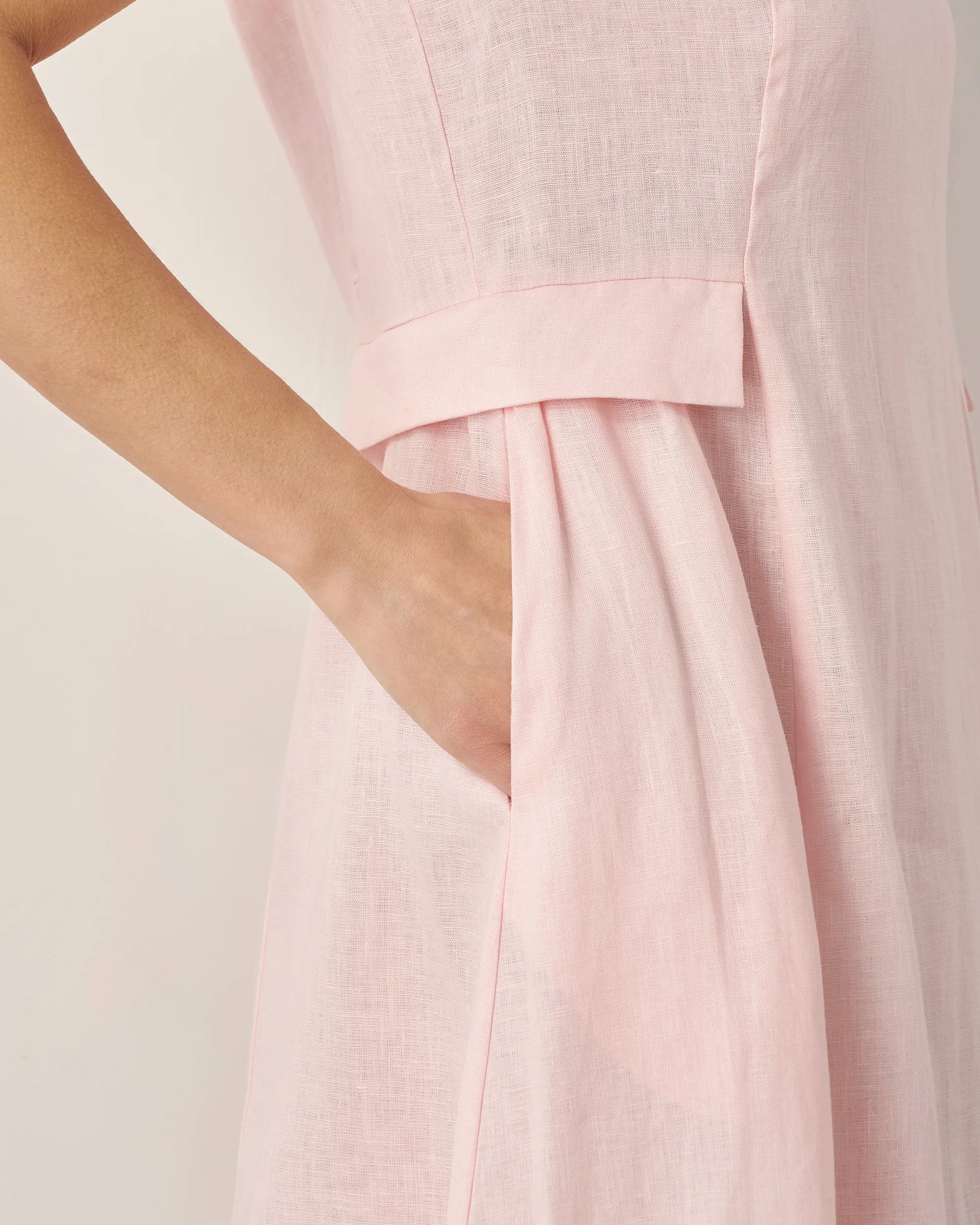 100% Linen Natural Summer V-Neck Dress - DRESSES-Linen Midi