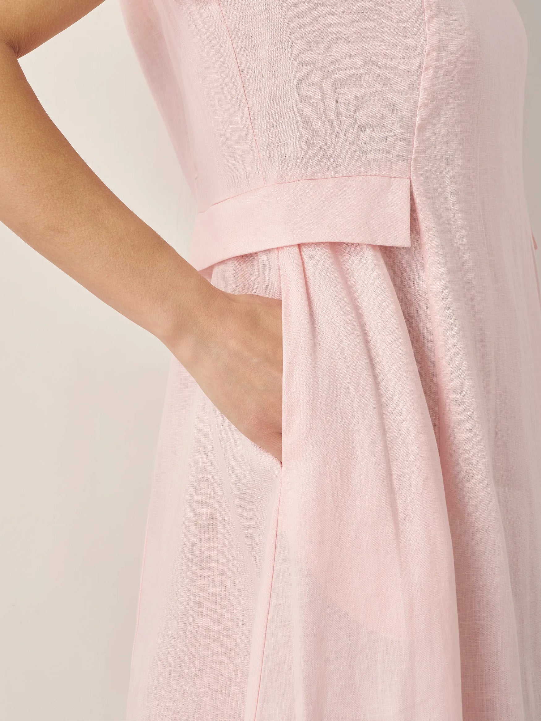 100% Linen Natural Summer V-Neck Dress - DRESSES-Linen Midi
