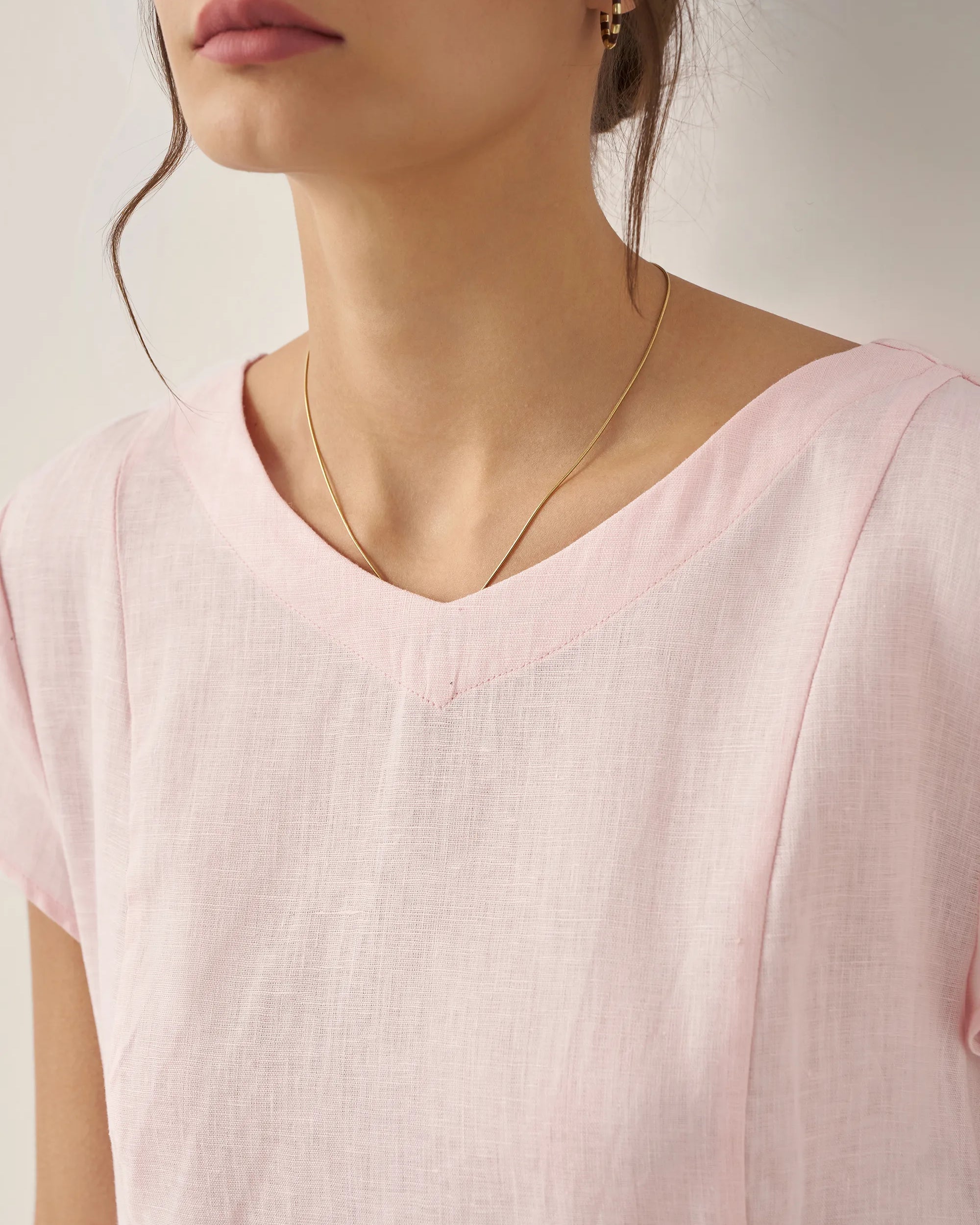 100% Linen Natural Summer V-Neck Dress - DRESSES-Linen Midi