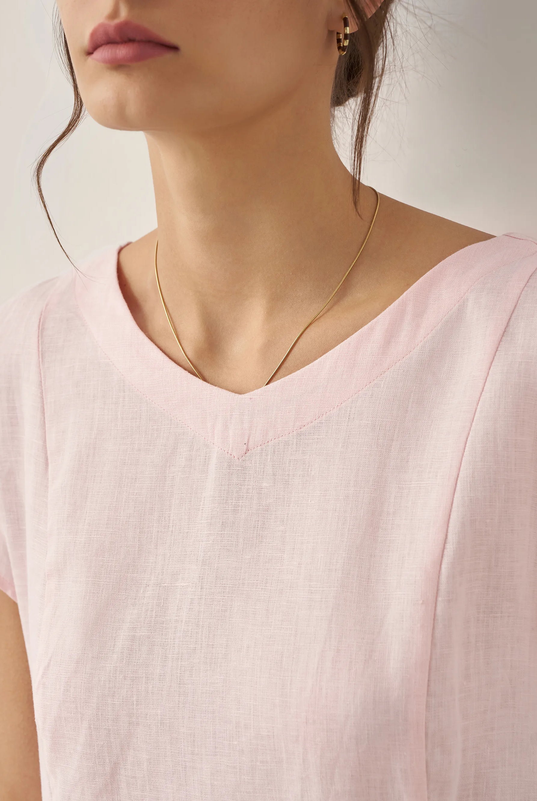 100% Linen Natural Summer V-Neck Dress - DRESSES-Linen Midi