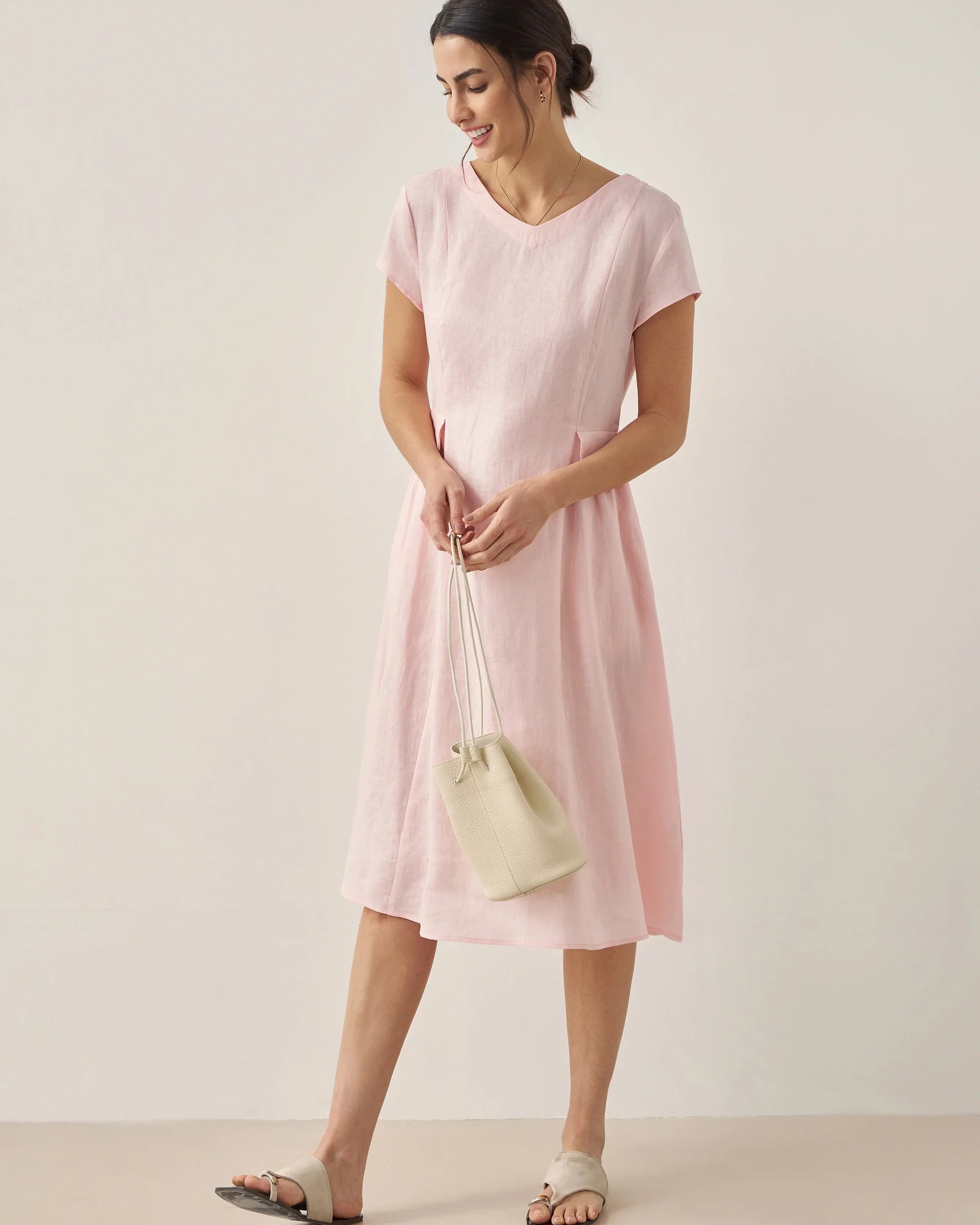 100% Linen Natural Summer V-Neck Dress - DRESSES-Linen Midi