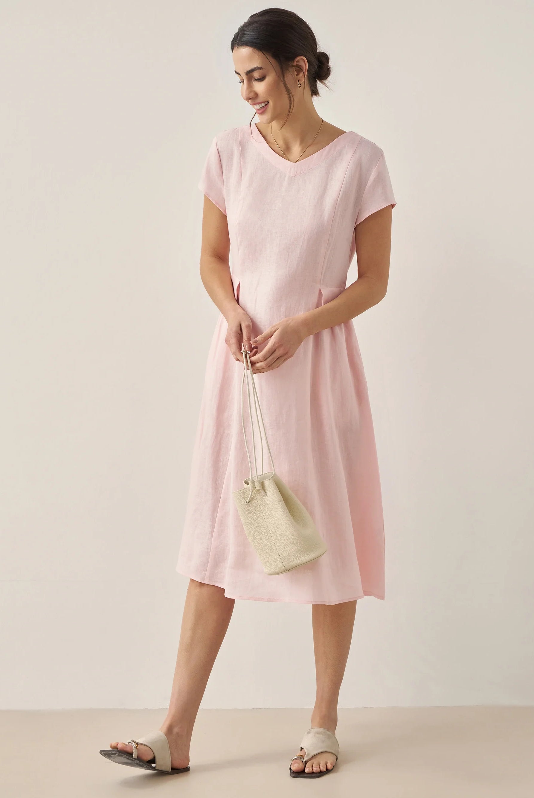 100% Linen Natural Summer V-Neck Dress - DRESSES-Linen Midi