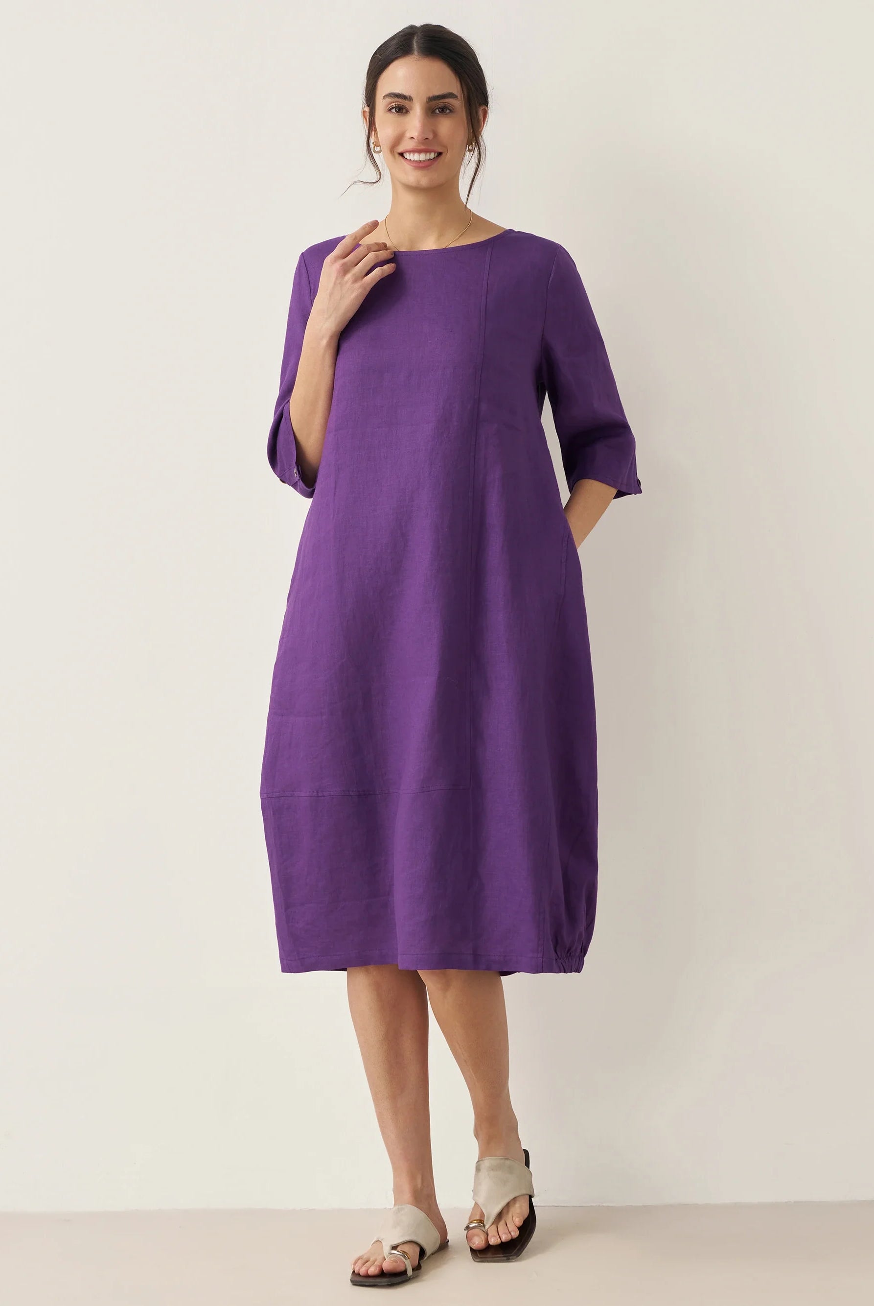 100% Linen Collarless Mid-Length Dress SOFIA - Dark Purple / S - DRESSES-Linen Midi