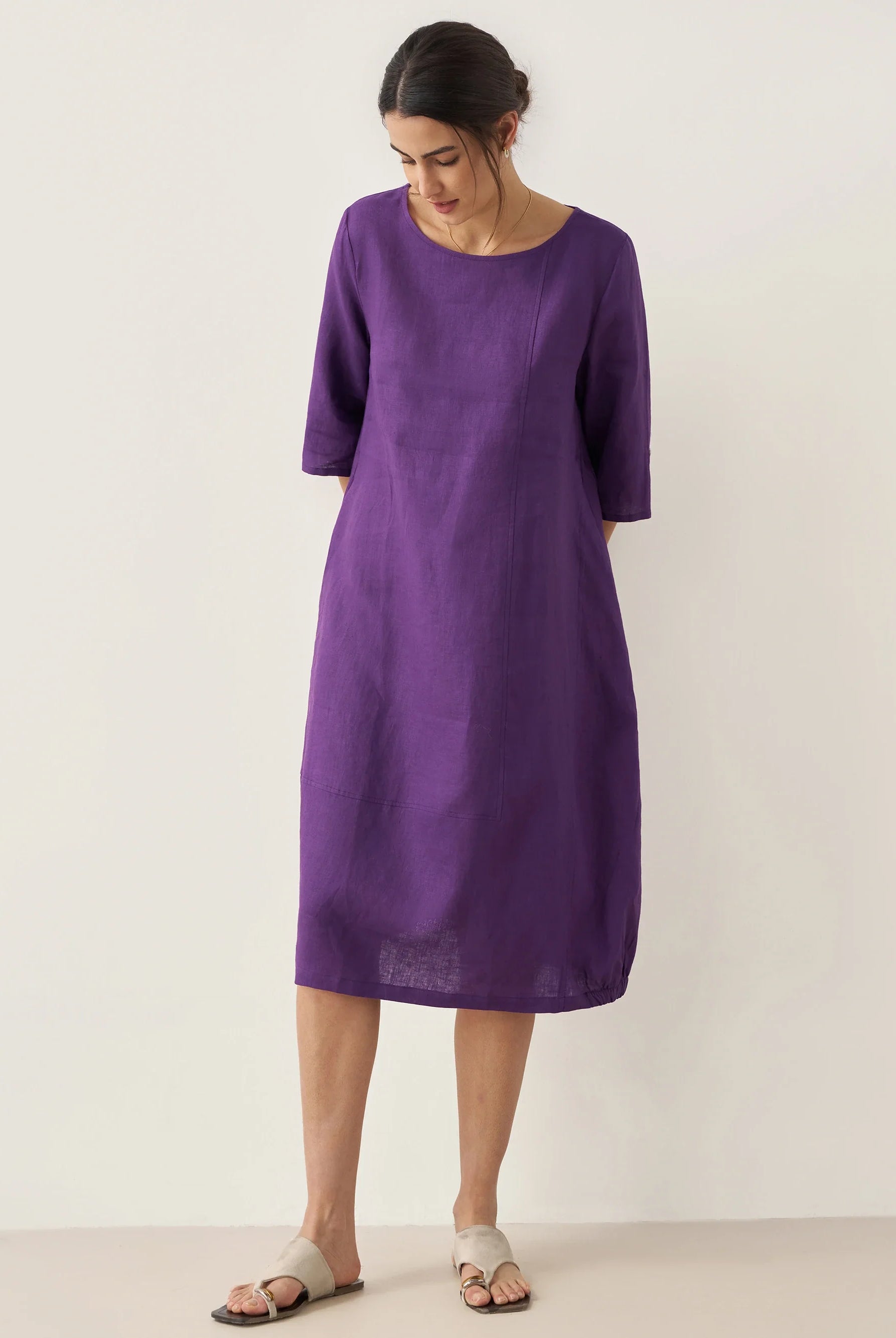 100% Linen Collarless Mid-Length Dress SOFIA - DRESSES-Linen Midi