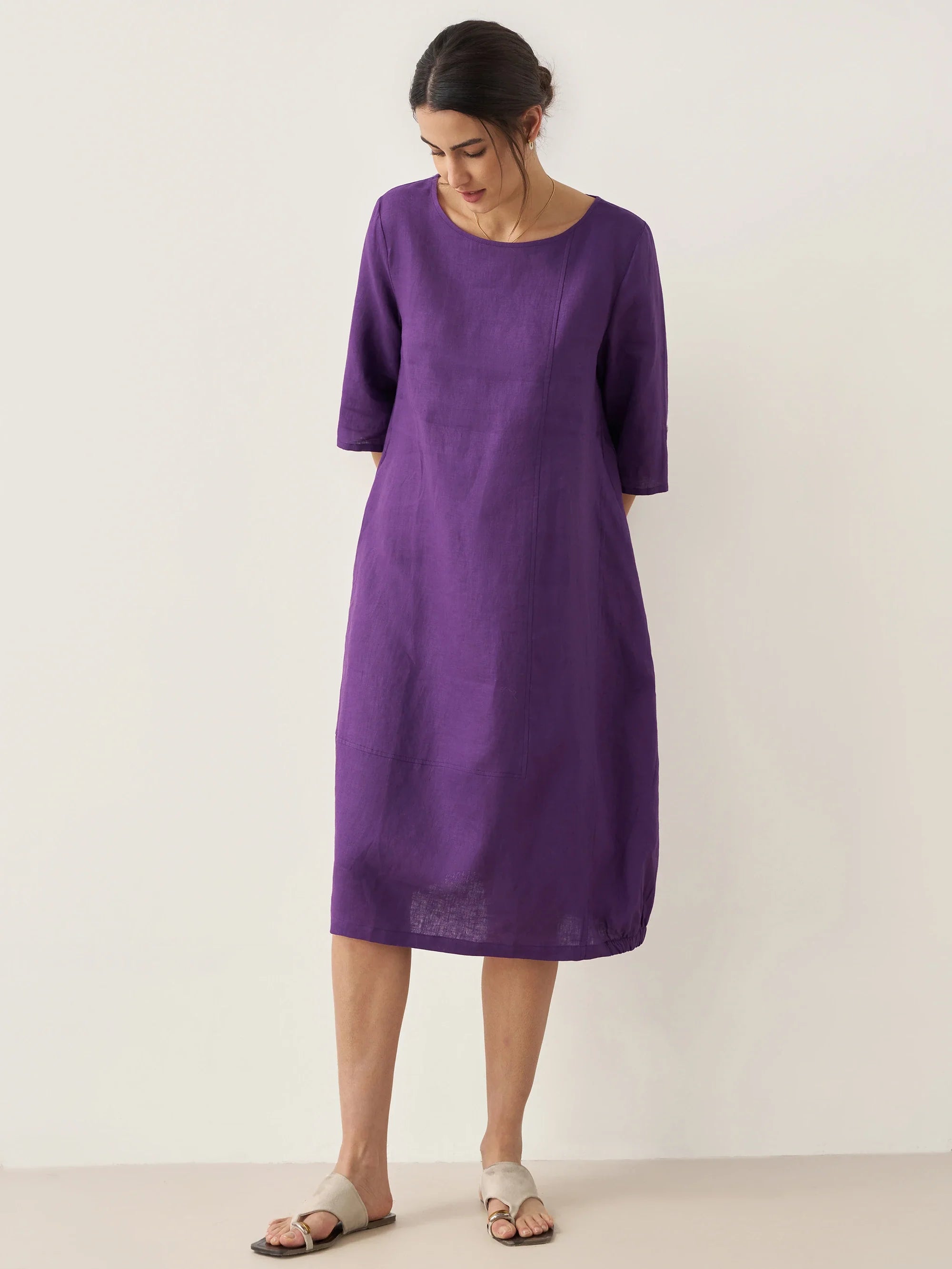 100% Linen Collarless Mid-Length Dress SOFIA - DRESSES-Linen Midi