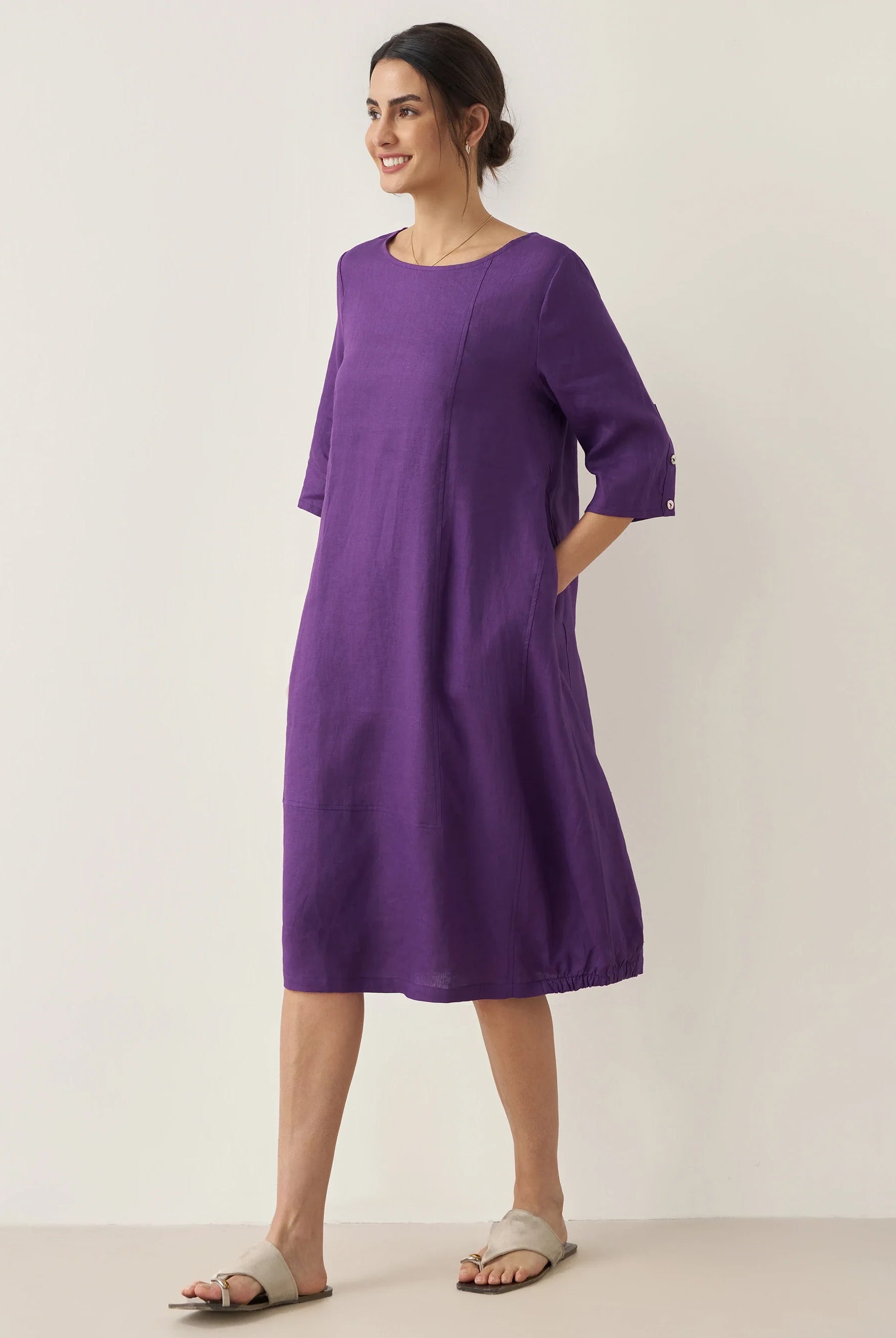 100% Linen Collarless Mid-Length Dress SOFIA - DRESSES-Linen Midi