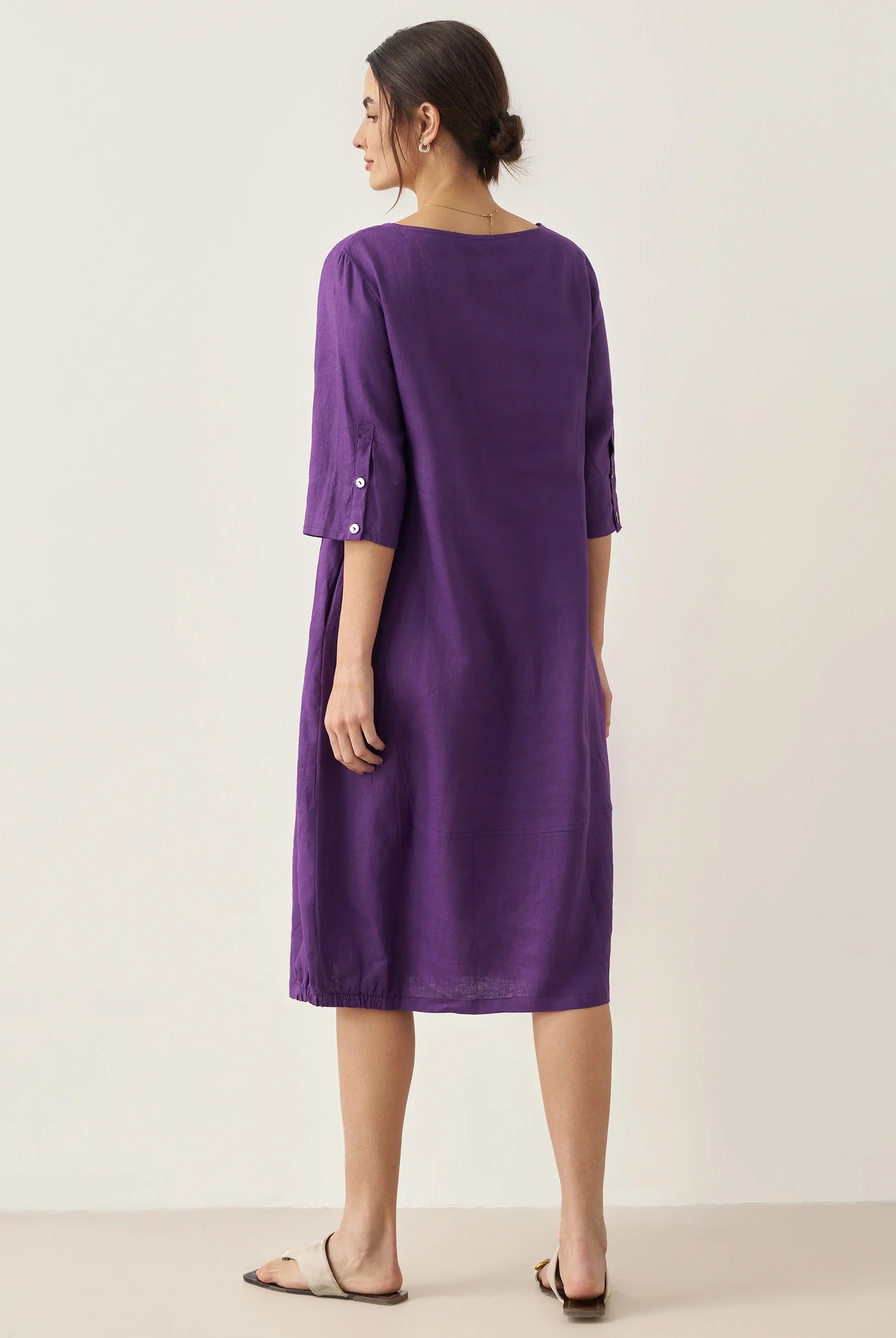 100% Linen Collarless Mid-Length Dress SOFIA - DRESSES-Linen Midi