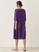 100% Linen Collarless Mid-Length Dress SOFIA - DRESSES-Linen Midi