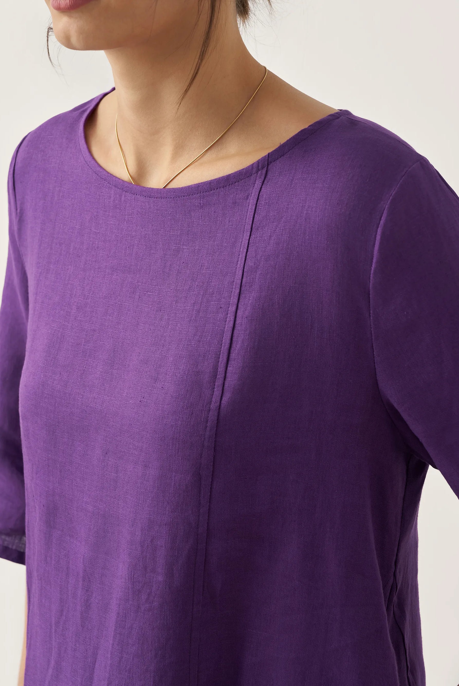 100% Linen Collarless Mid-Length Dress SOFIA - DRESSES-Linen Midi