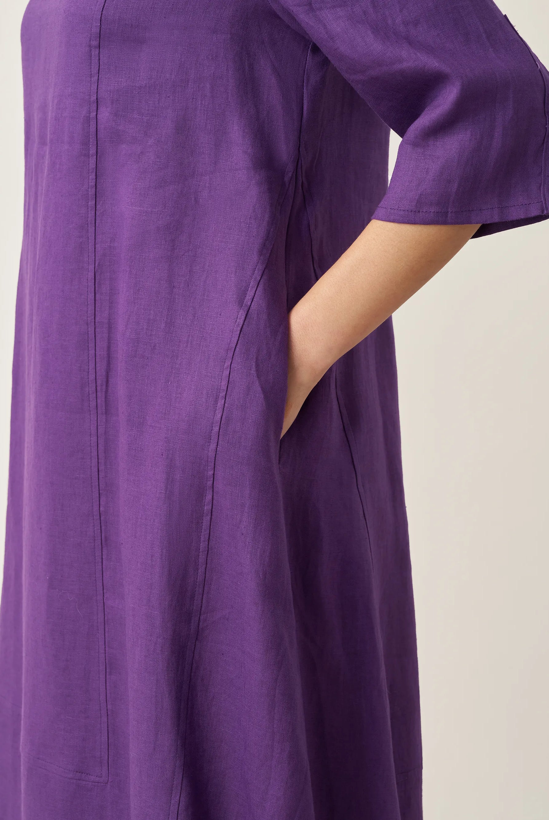 100% Linen Collarless Mid-Length Dress SOFIA - DRESSES-Linen Midi