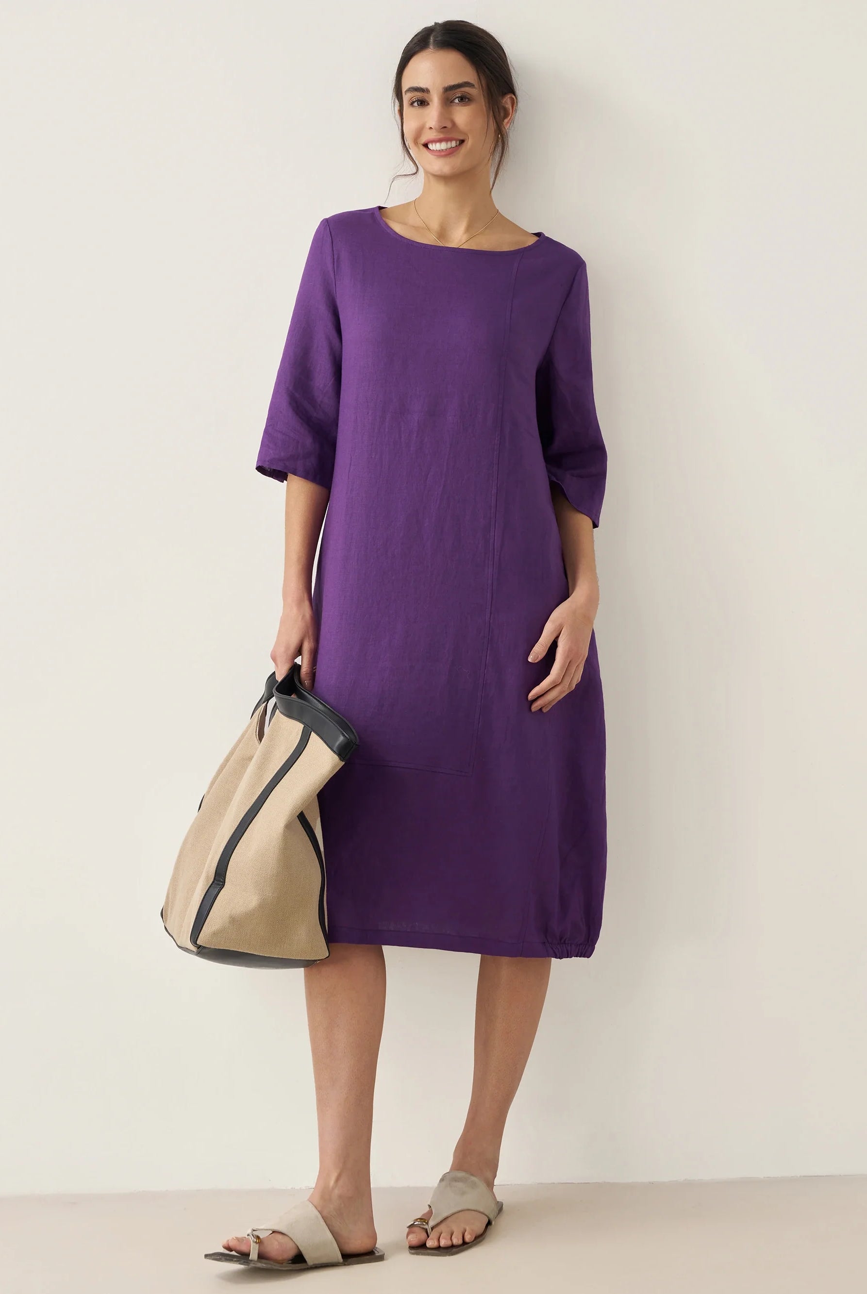 100% Linen Collarless Mid-Length Dress SOFIA - DRESSES-Linen Midi