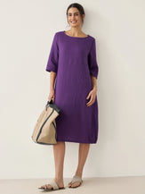 100% Linen Collarless Mid-Length Dress SOFIA - DRESSES-Linen Midi