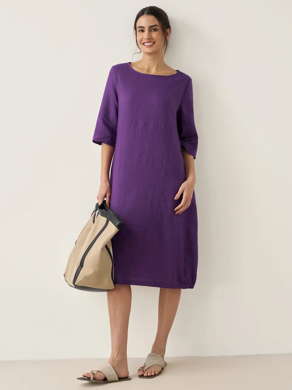 100% Linen Collarless Mid-Length Dress SOFIA - DRESSES-Linen Midi