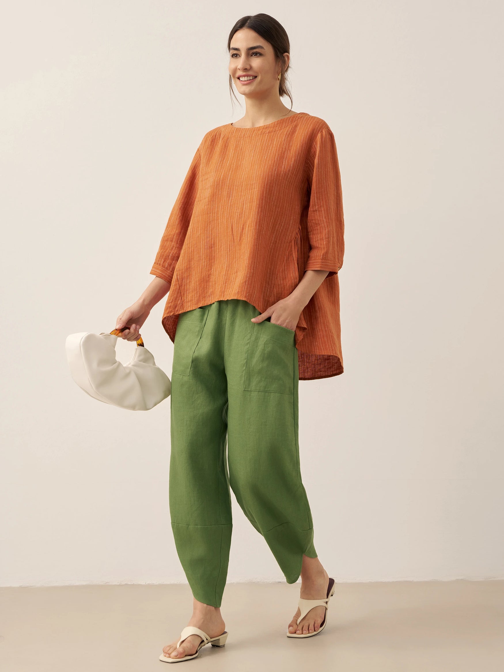 100% Linen Round Neck Artistic Stripe Top FLORENCE by LINTICO for women