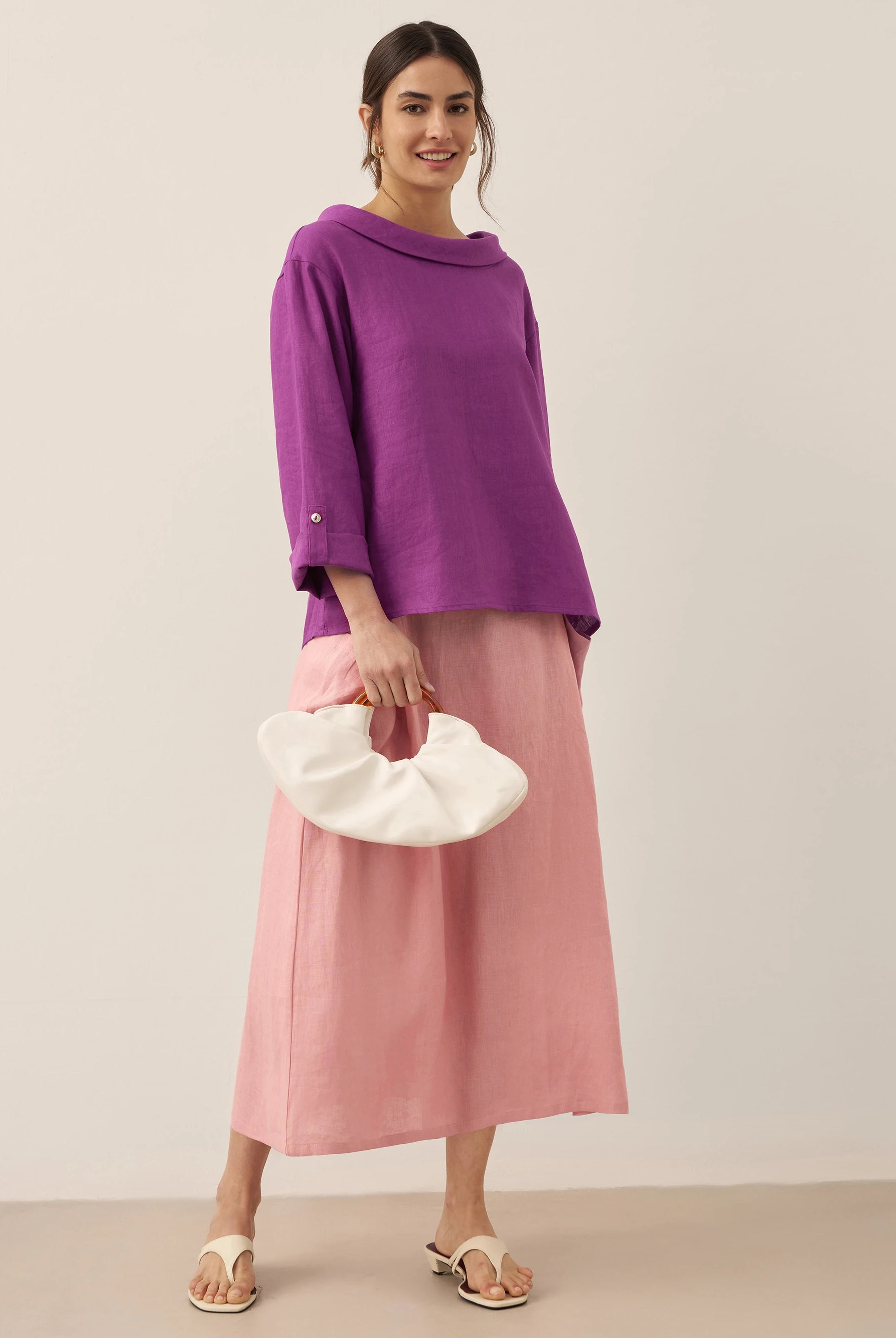 100% Linen Elastic Waist Skirt MARINA by LINTICO for women