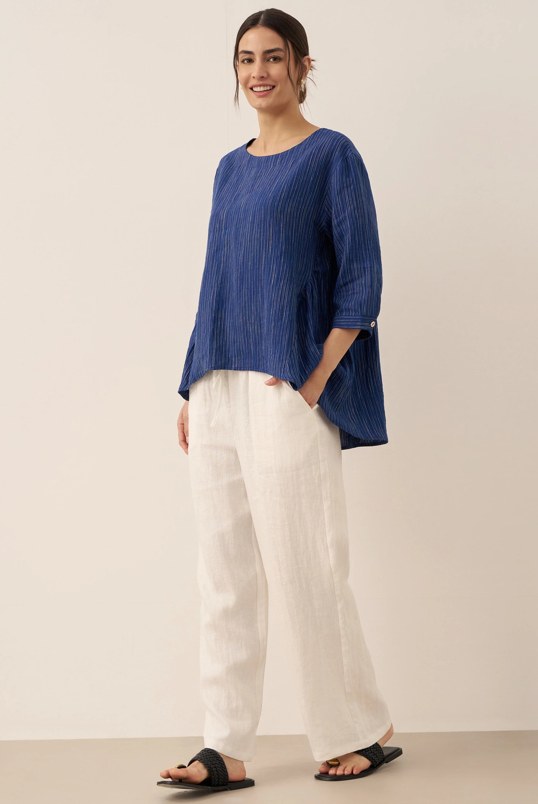 100% Linen Round Neck Artistic Stripe Top FLORENCE by LINTICO for women