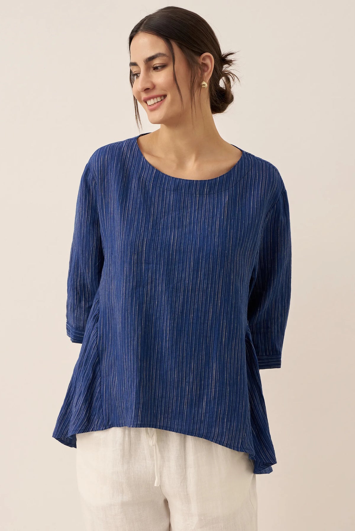 100% Linen Round Neck Artistic Stripe Top FLORENCE by LINTICO for women