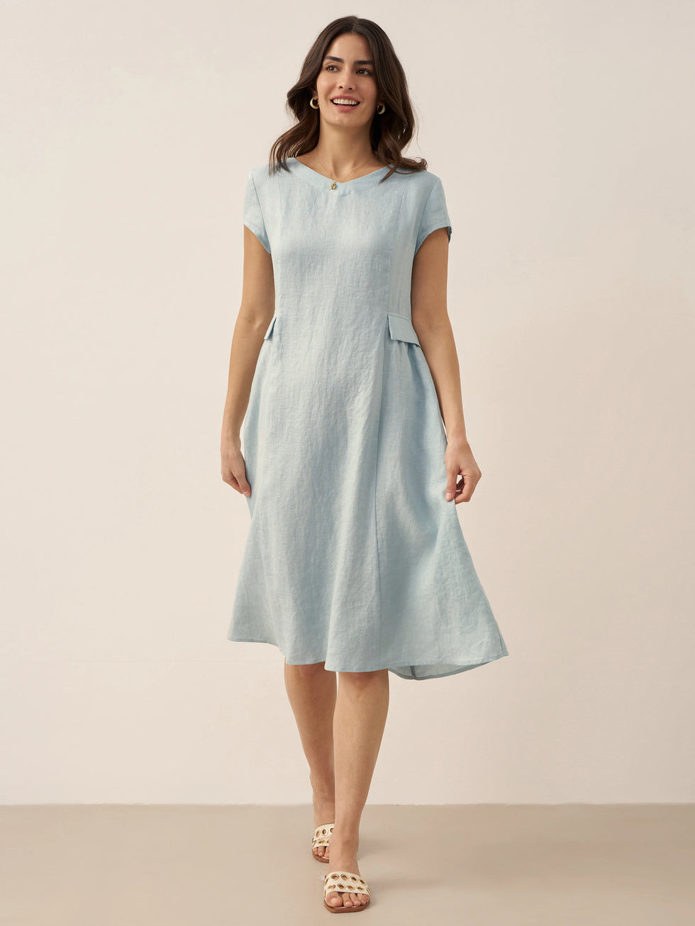 100% Linen Natural Summer V-Neck Dress ALEXA by LINTICO for women