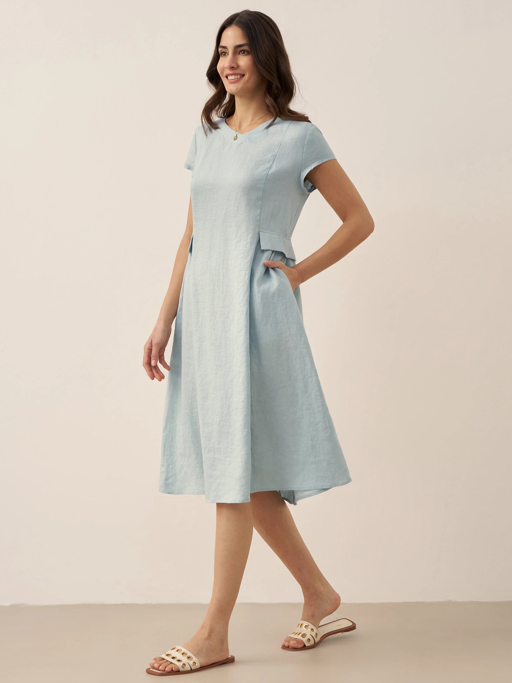 100% Linen Natural Summer V-Neck Dress ALEXA by LINTICO for women