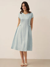 100% Linen Natural Summer V-Neck Dress ALEXA by LINTICO for women