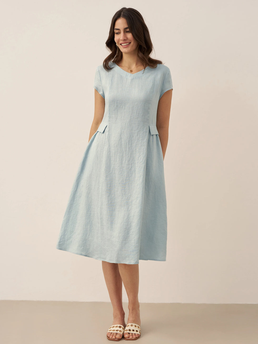 100% Linen Natural Summer V-Neck Dress ALEXA by LINTICO for women