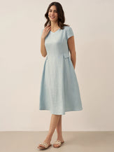 100% Linen Natural Summer V-Neck Dress ALEXA by LINTICO for women