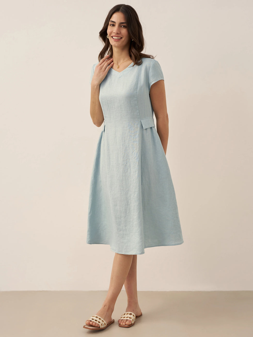 100% Linen Natural Summer V-Neck Dress ALEXA by LINTICO for women