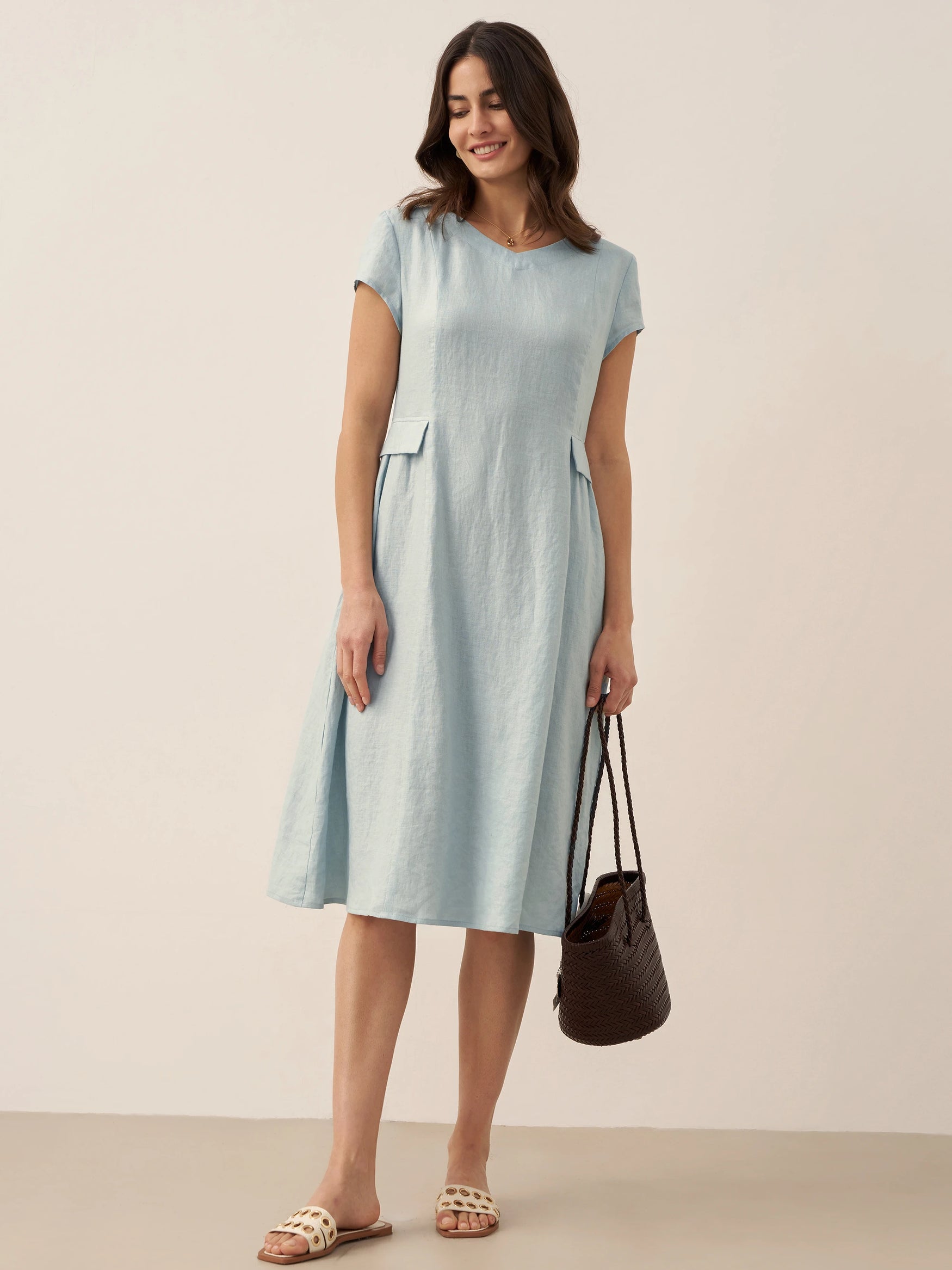 100% Linen Natural Summer V-Neck Dress ALEXA by LINTICO for women